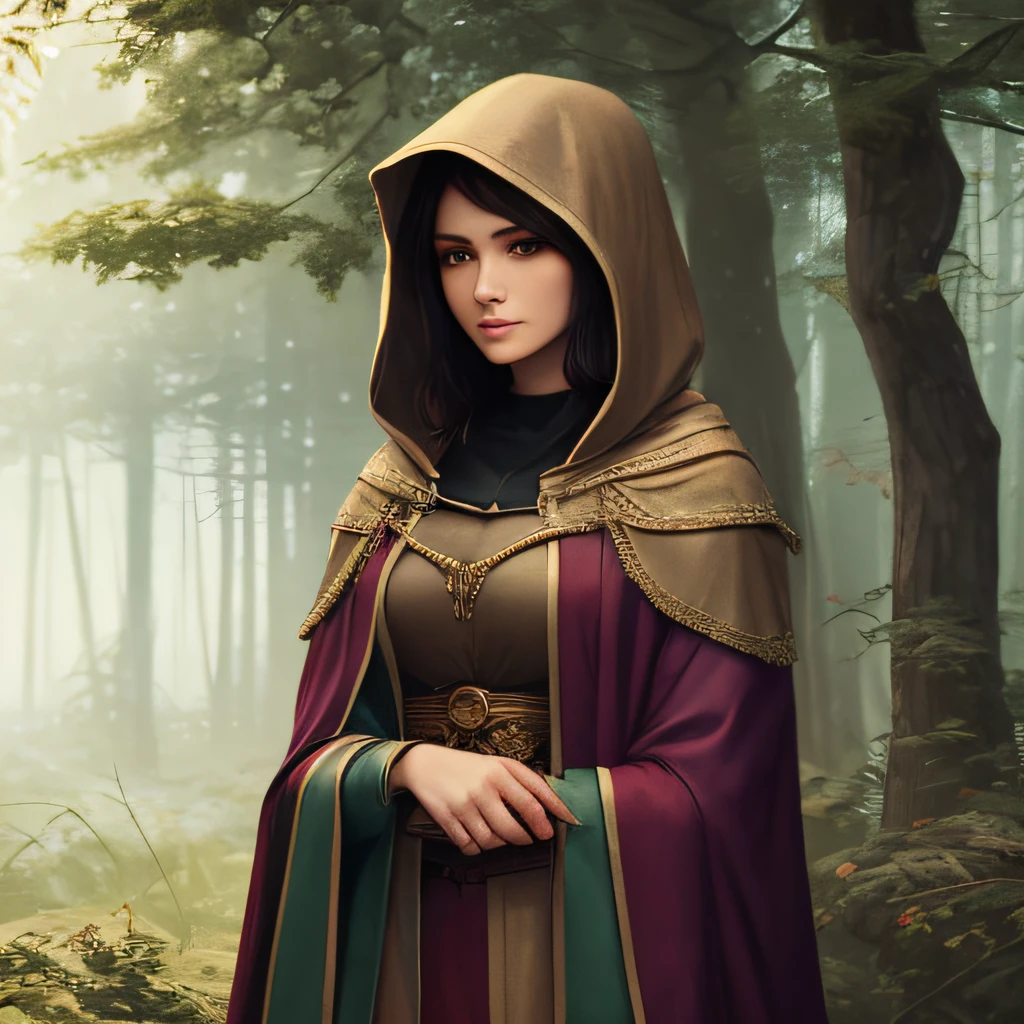 Woman in a cloak with a hood, The mantle of the magician, stands in the middle of the forest, Ornaments, Dark hair, European face, small eyes, large facial features, fantasy style, Middle Ages, Dark tones, low key light --auto