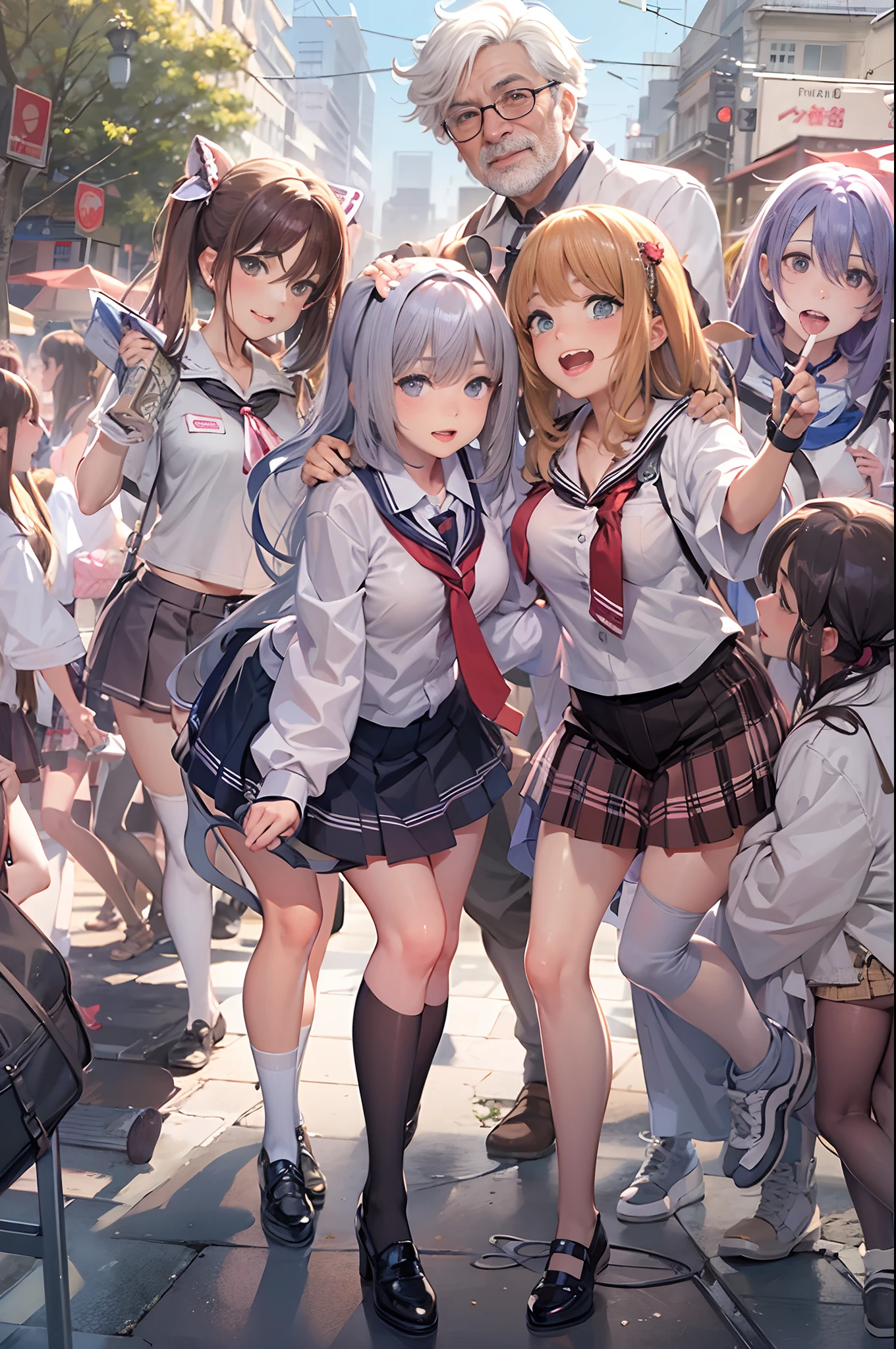 masterpiece, best quality, 3+girls, 1 old man, Schoolgirl Costume, Radiant, nsfw, breast grab, (sex:1.3), in city, crowd
