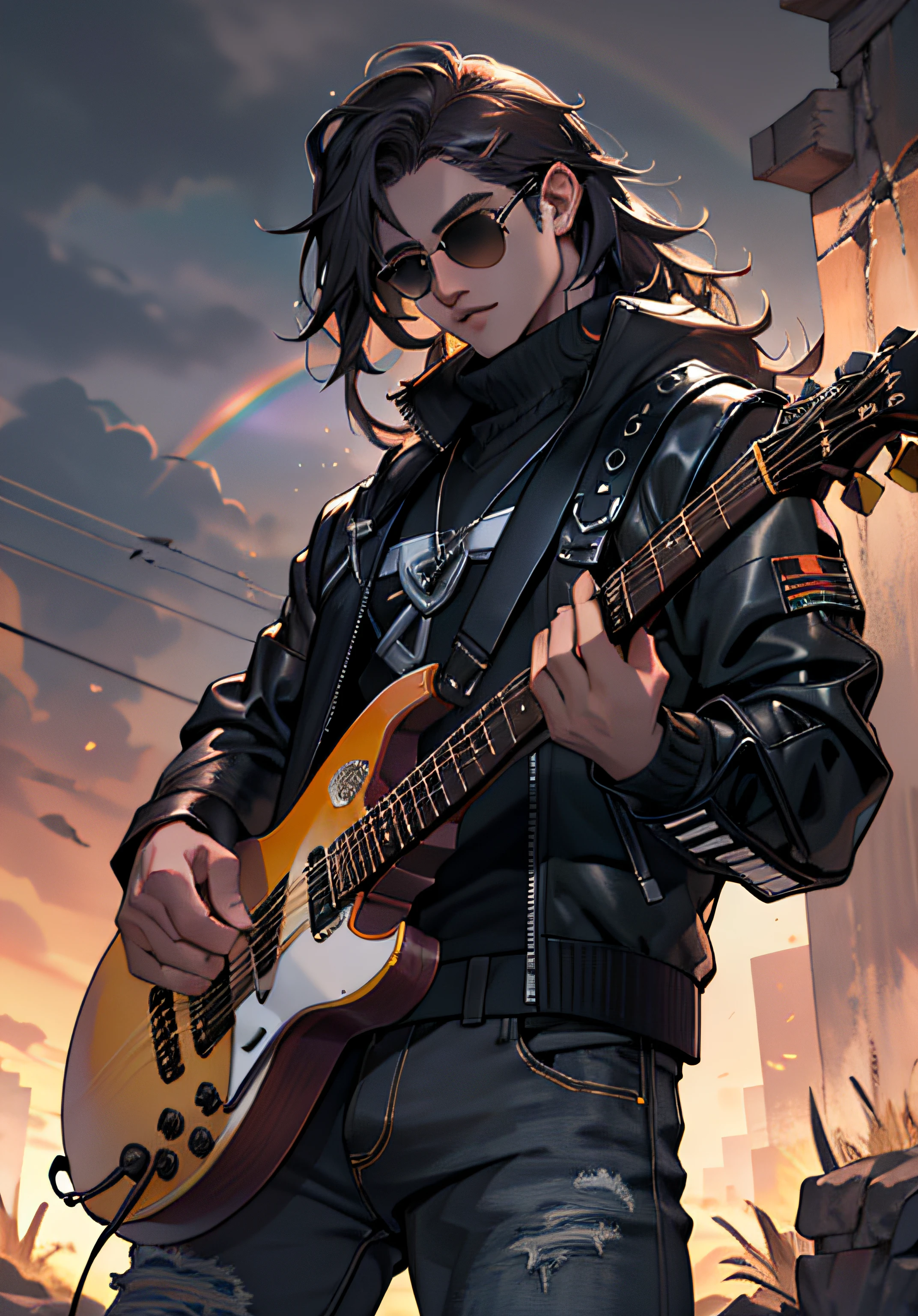 ((Melhore o rosto)), ((piece of master, obra prima, melhor qualidade)), ((Broken)), ultra detalhado 8k, Absurdo, 1 Thor masculino, Solo wearing a studded motorcycle jacket and black jeans, (Posar: Rockeiro), with sunglasses, raios ao redor de si, thunders, thunders , cabelo blond, cabelo longo, roupas pretas, vestes pretas, Nebula and smoke, Pano preto, tempo fechado, tempo nublado, Tempo escuro, Cidade, raios ao redor , com o planeta terra no fundo, ((With Electric Guitar raibow in your hands)), Braceletes pretos cravejados, (Sentado no telhado de casa)