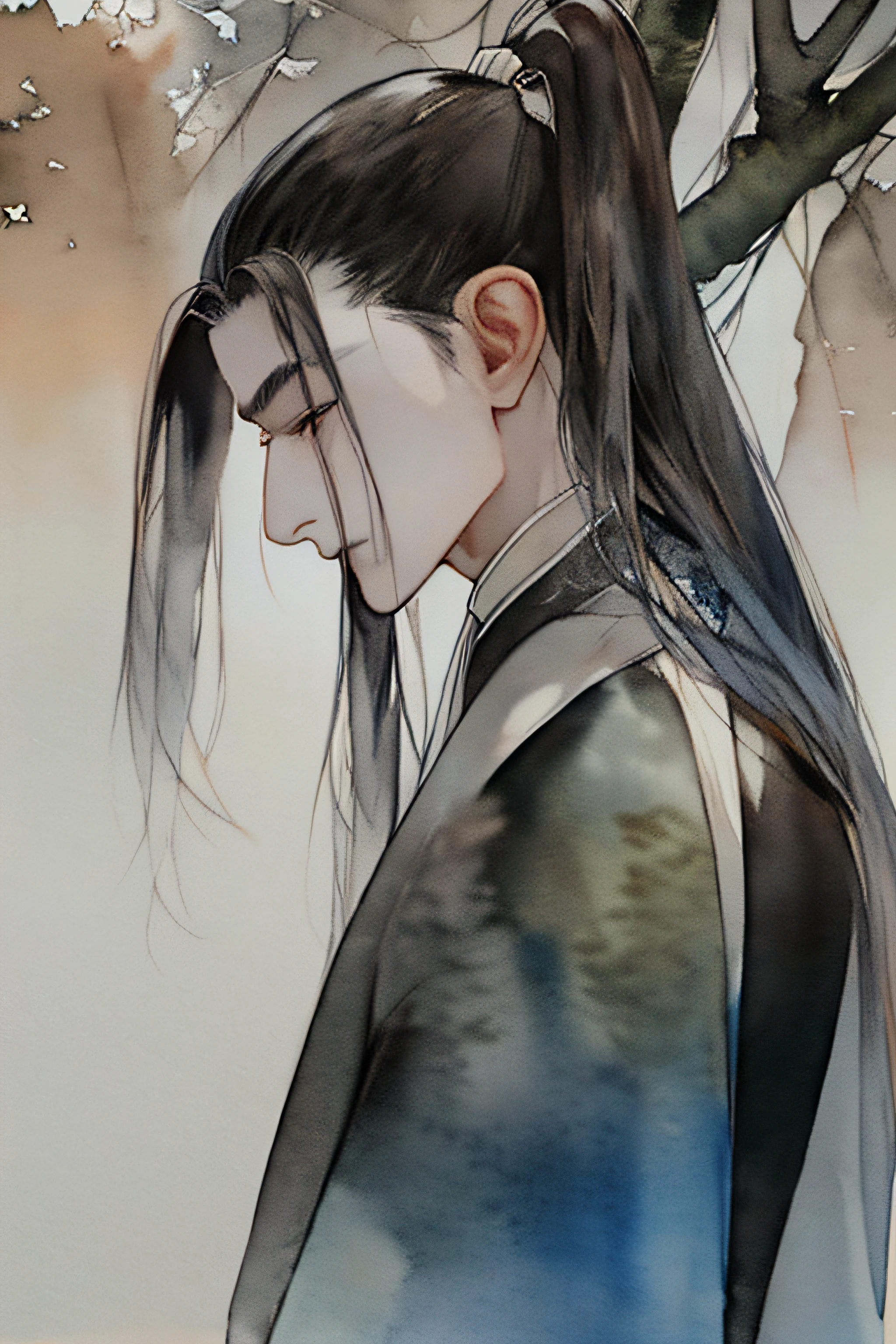 (watercolor paiting:1.2),((Adult man,)) Ancient China、 (forest at night)、(Frontal Face)、bangss,Black hair, ((length hair)), (Frontal Face)、verd s eyes, dishevled hair、hair between eye,Hanfu、profile、full body Esbian、poneyTail、Capture the moment、stare、gazing at viewer