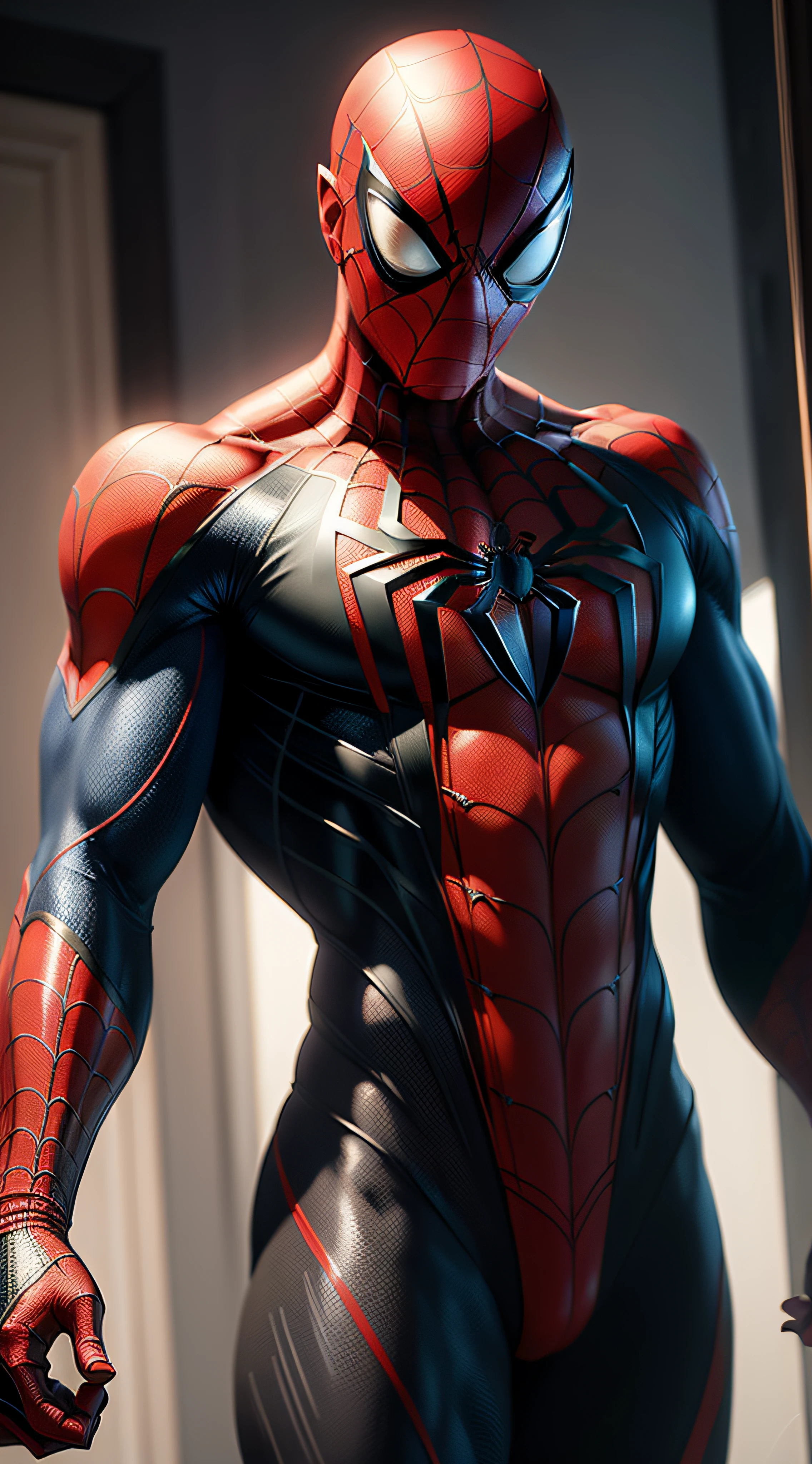 spiderman ((Best Quality)) (masterpiece), photorealistic film image, sharp and realistic image, strong athletic man in black and red symbiote suit with vine pattern, 16k, digital painting, high quality.
