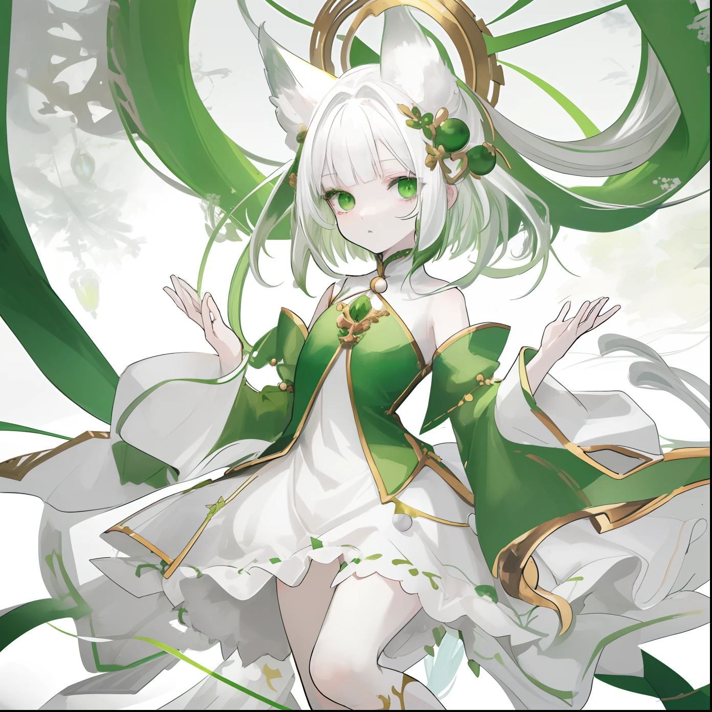 White hair, green hair ornaments, one tail hair, small body, white green dress