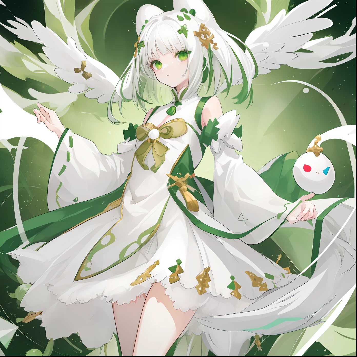 White hair, green hair ornaments, one tail hair, small body, white green dress