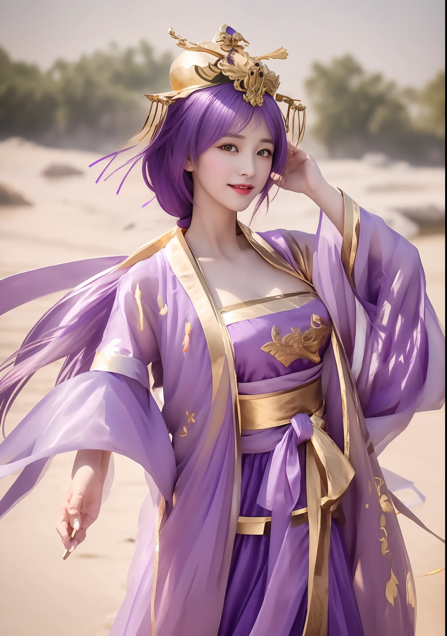 Close up portrait of woman in purple dress with gold crown, On the banks of the Yellow River