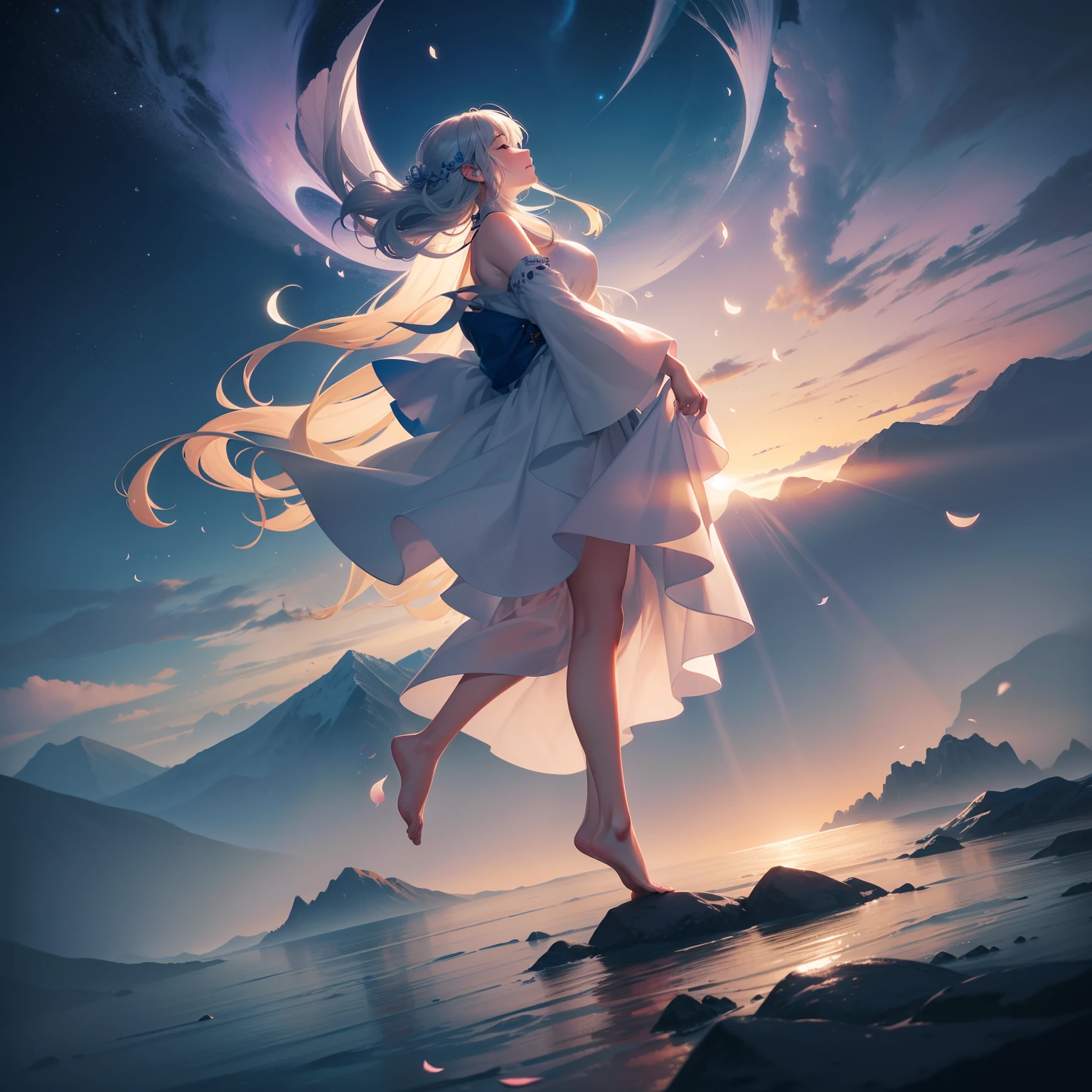 Image prompt: A vivid, ethereal landscape with vibrant colors and fantastical elements. In the foreground, a person is floating mid-air, seemingly weightless, their arms and legs outstretched as if caught in a moment of flight. The person's face is filled with wonder, their eyes wide open and looking up towards the sky. Above them, a glowing moon hangs low, casting a soft, radiant light on the scene. The sky is filled with swirling clouds, each one taking on different shapes and colors, as if they are alive. Some clouds resemble animals, while others appear to be mystical beings or abstract forms. In the distance, towering mountains rise majestically, their peaks reaching towards the heavens. A river winds through the landscape, its waters shimmering and reflecting the moon's glow. As the person floats, delicate flower petals gently float around them, carried by a gentle breeze. The air is filled with a sweet, intoxicating scent, and the sound of soft, enchanting music can be heard in the background. Overall, the image emanates a sense of serenity, magic, and the limitless possibilities that can be experienced in dreams.