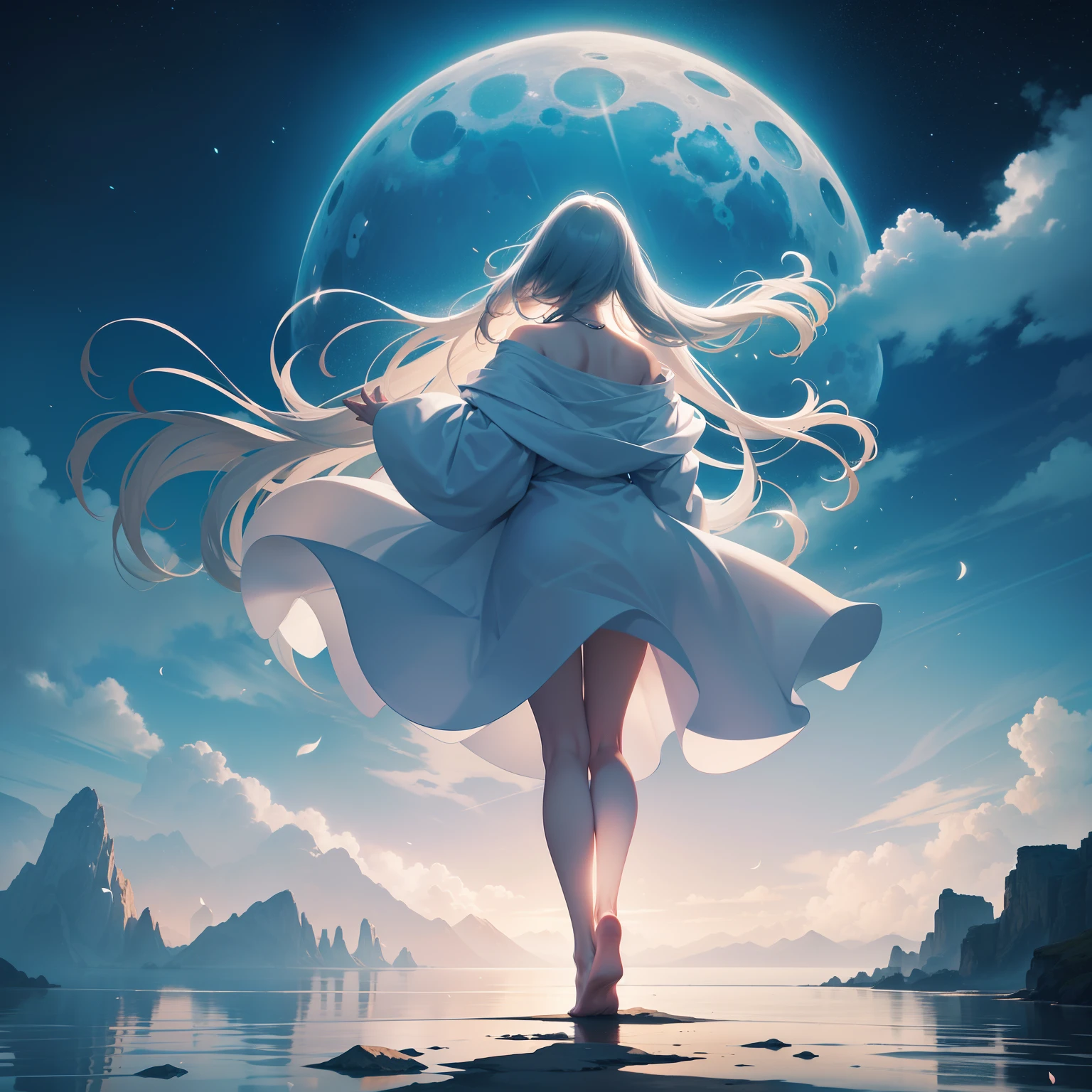 Image prompt: A vivid, ethereal landscape with vibrant colors and fantastical elements. In the foreground, a person is floating mid-air, seemingly weightless, their arms and legs outstretched as if caught in a moment of flight. The person's face is filled with wonder, their eyes wide open and looking up towards the sky. Above them, a glowing moon hangs low, casting a soft, radiant light on the scene. The sky is filled with swirling clouds, each one taking on different shapes and colors, as if they are alive. Some clouds resemble animals, while others appear to be mystical beings or abstract forms. In the distance, towering mountains rise majestically, their peaks reaching towards the heavens. A river winds through the landscape, its waters shimmering and reflecting the moon's glow. As the person floats, delicate flower petals gently float around them, carried by a gentle breeze. The air is filled with a sweet, intoxicating scent, and the sound of soft, enchanting music can be heard in the background. Overall, the image emanates a sense of serenity, magic, and the limitless possibilities that can be experienced in dreams.