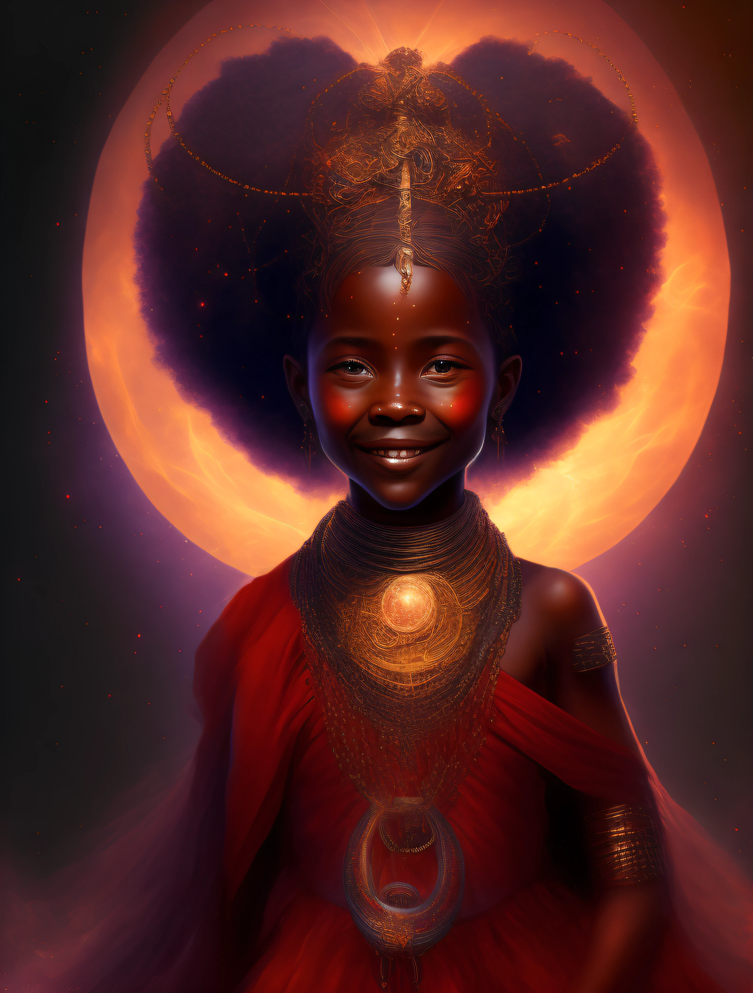 barnet,Iansã, The Orisha Girl, (((child smiling))),sorrindo,dentes brancos,(((Sorriso aberto))), HAPPY CHILD goddess of the winds, Ioruba, Yoruba deity, olhar de menina, sensivel, sorrindo, belo, Props in shades of red, vestindo um ade detalhado e intrincado, cosmic goddess,Afrofuturista