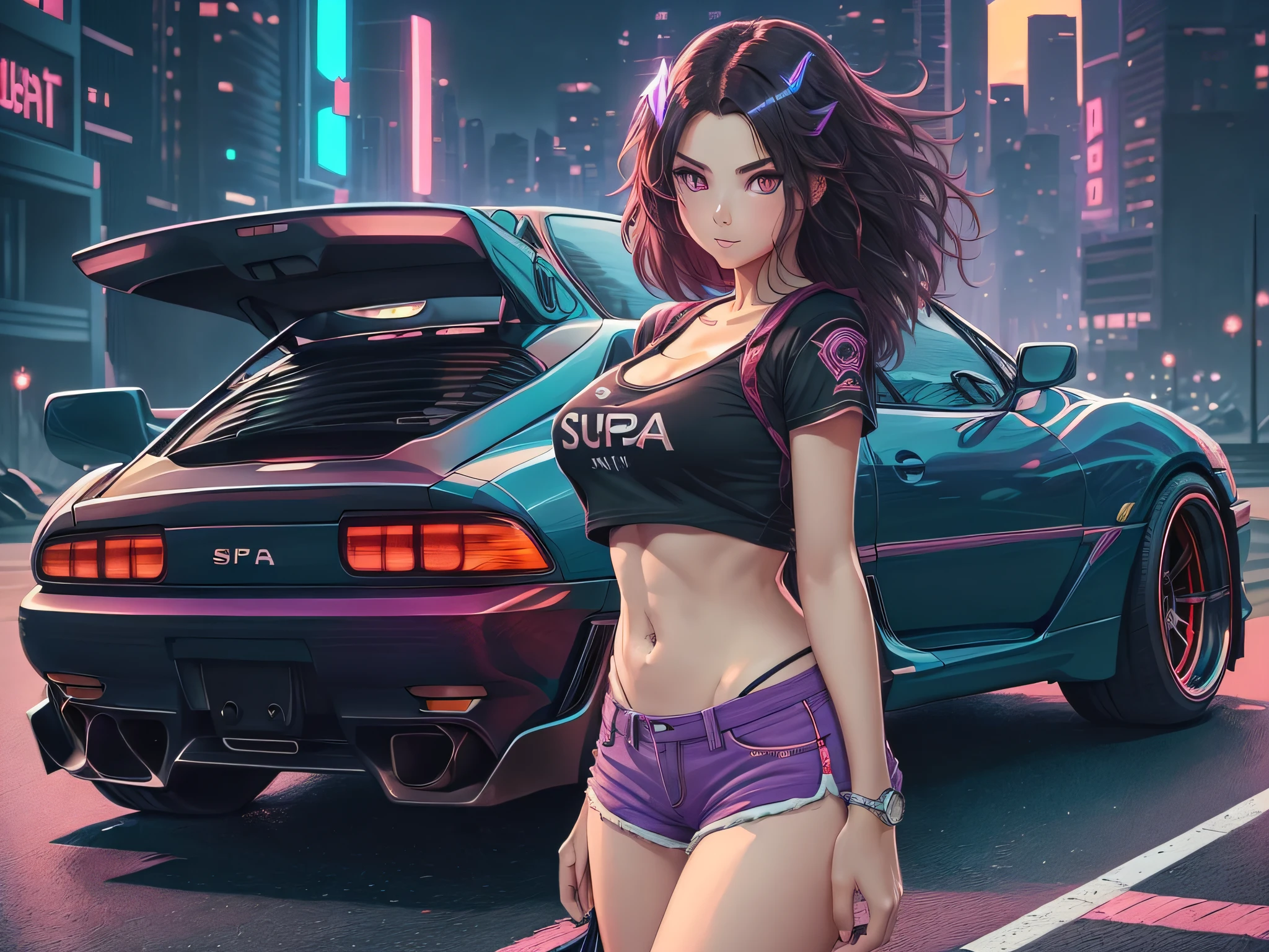 1girl posing, sexy micro shorts, babylook t-shirt, extremely beautiful and sexy, Reverse wave. City, Toyota Supra MK4, wide-body kit, road, purple neon, sun, close-up (masterpiece, detailed, high resolution),