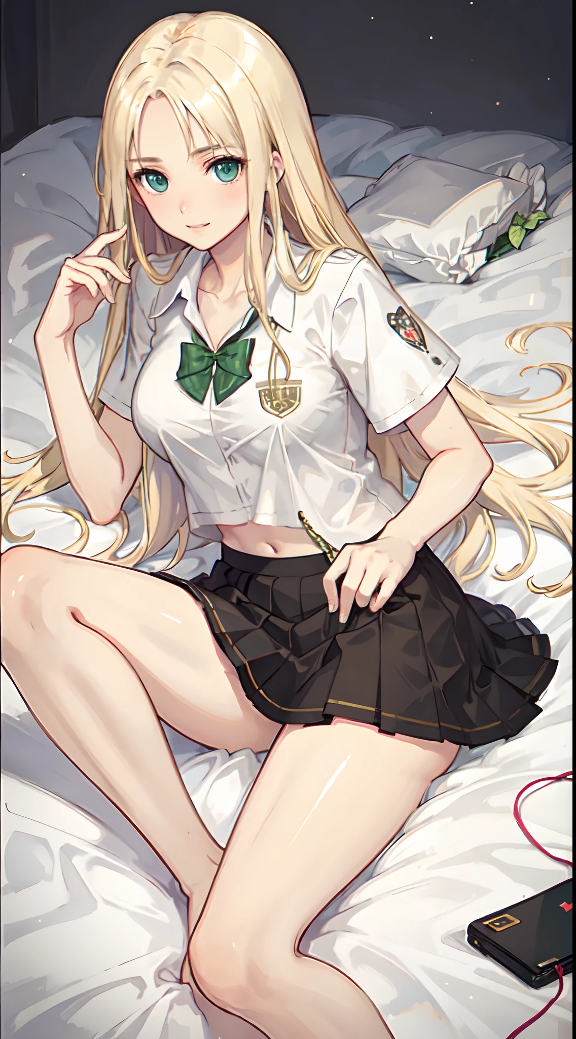blonde hair, long hair, green eyes, happy, school uniform, short skirt, medium breast, cleavage, bed, slim legs, navel, open clothes, laying down