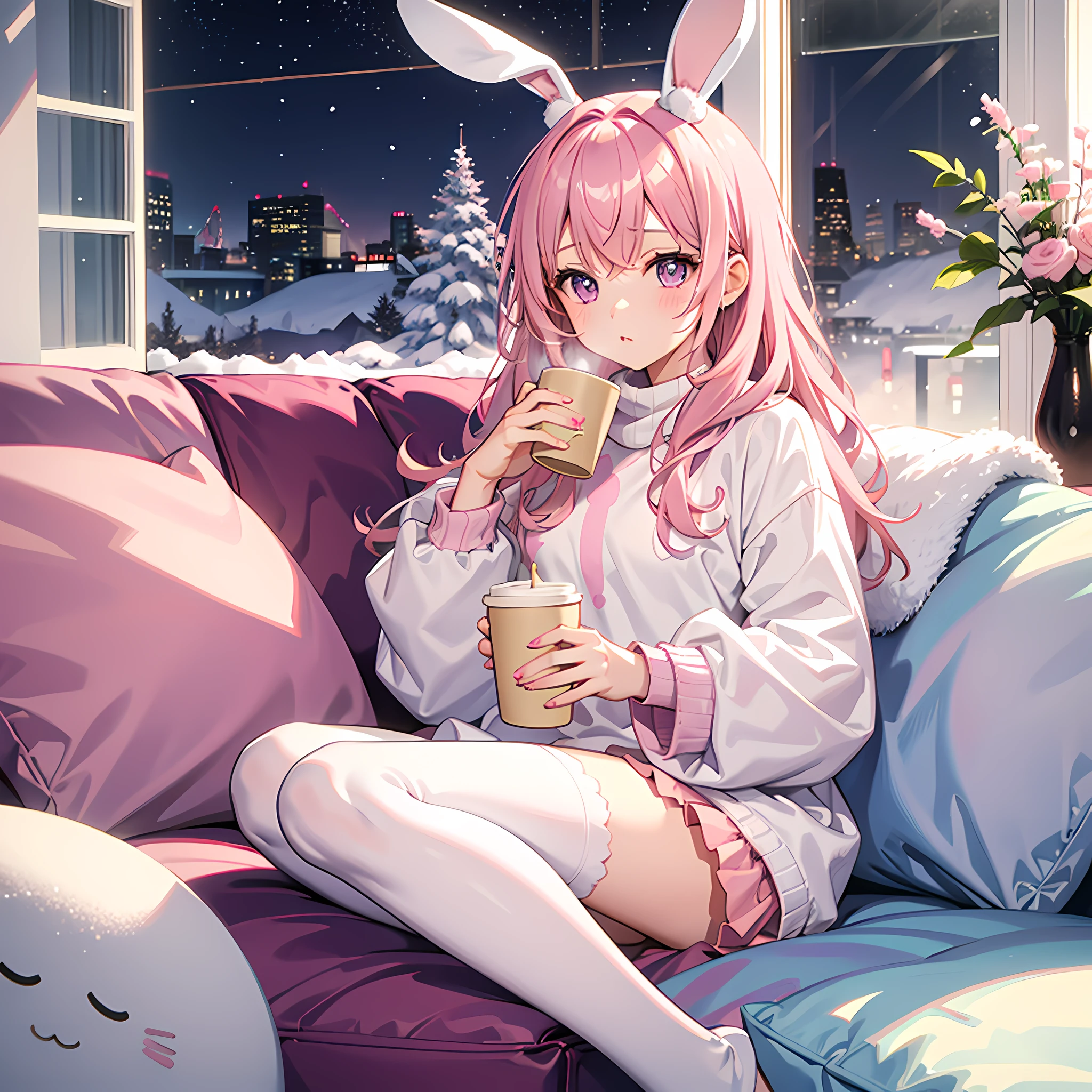 1 girl, solo, sugar pink hair, fluffy hair, cute little girl, purple eyes, looking at viewer, sitting on a couch, snowing outside, window, snowing scenery window, holding hot chocolate, steaming hot drink, fluffy clothes, sweather, (pants), socks, (bunny shaped slippers), cozy room, pastel colors