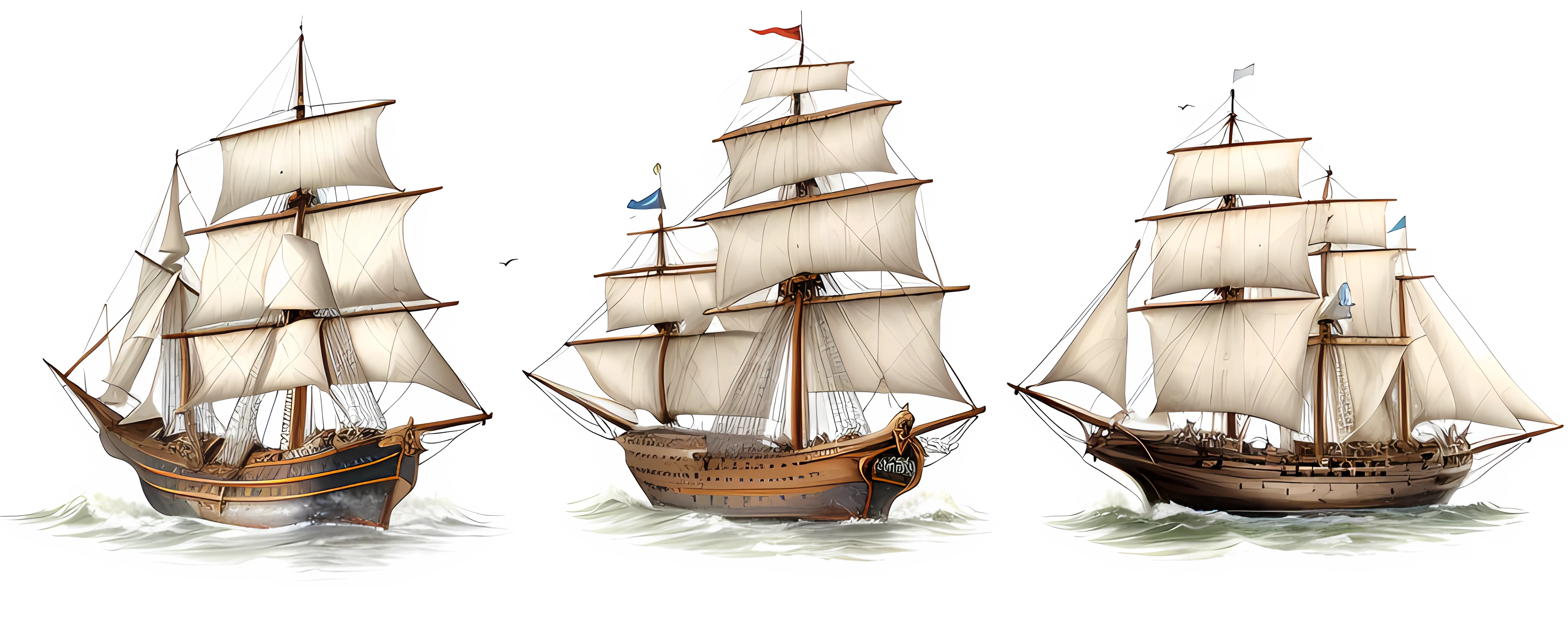Three ships are shown in three different positions on the water, navios com velas, navios com velas por baixo, Sailboats, three masts, navios piratas, alguns barcos, Navios, Vela, velas e mastros e aparelhamento, inspirado por Willem van de Velde, o Velho, veleiro, galleon, inspirado em Willem van de Velde, o Jovem