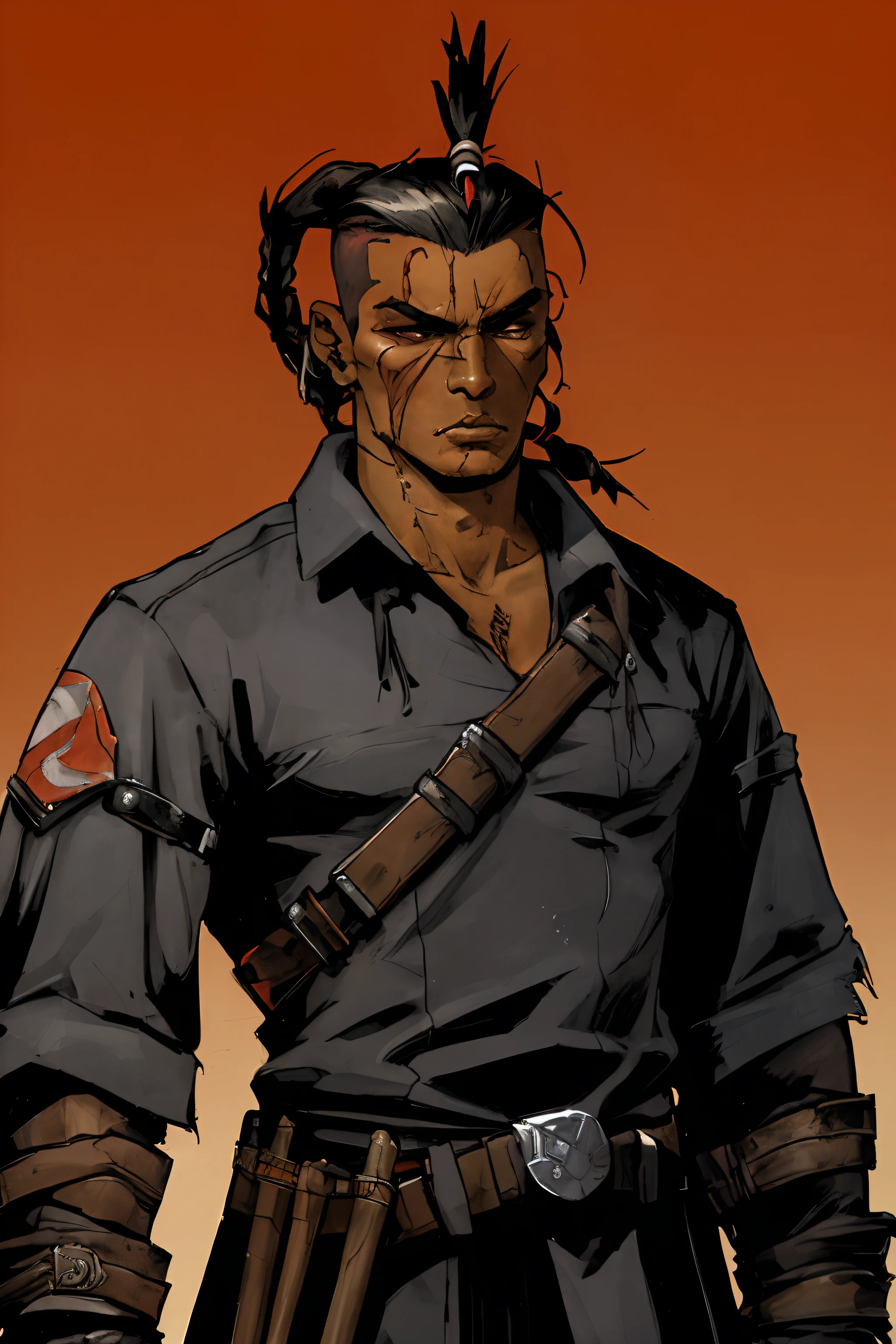 A badass stealthy Native American young man in long ragged futuristic scout gear wielding a blade, with a touch of blood and showcasing his skills as a futuristic ruthless butcher assassin and scout. He also has a shaved sides of his head and a long braid. Best quality, (masterpiece), ( methurlant), (comic), y2k animation, intricate detail, smooth, (futuristic),