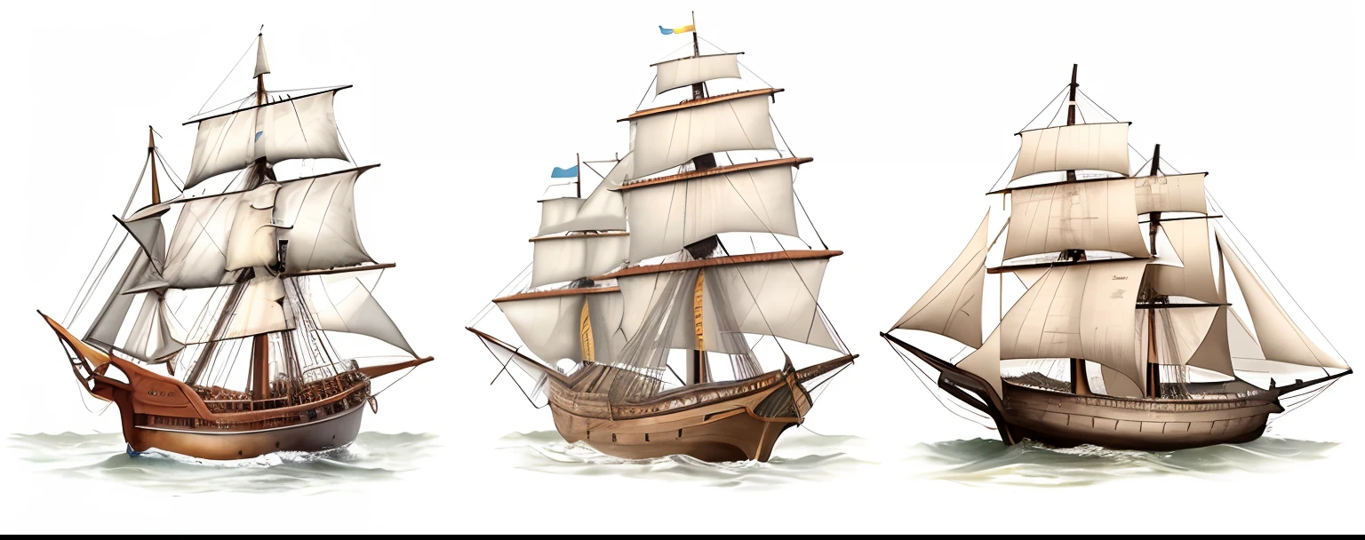 Three ships are shown in three different positions on the water, navios com velas, navios com velas por baixo, Sailboats, three masts, navios piratas, alguns barcos, Navios, Vela, velas e mastros e aparelhamento, inspirado por Willem van de Velde, o Velho, veleiro, galleon, inspirado em Willem van de Velde, o Jovem