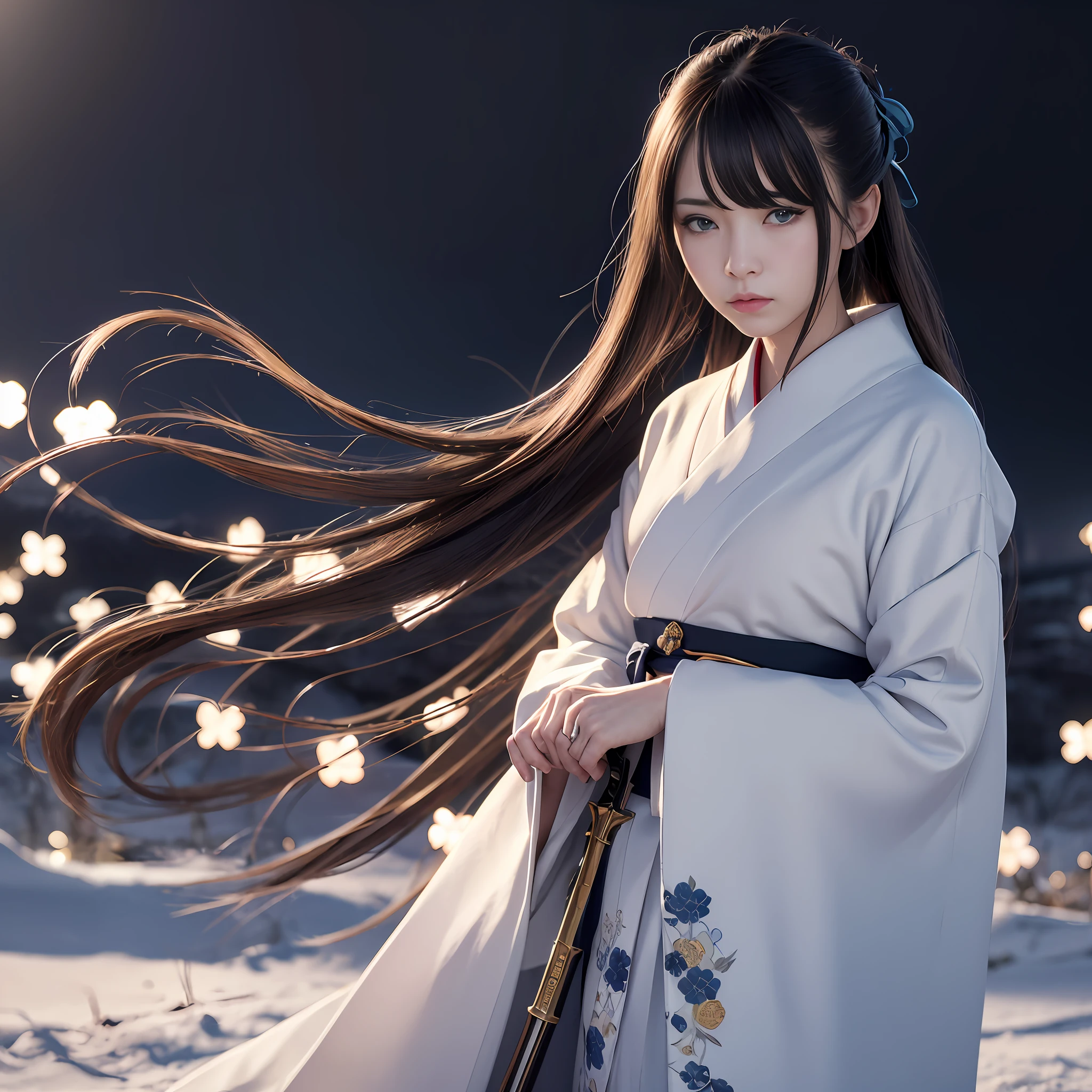 RAW Photography、8K、32k、top-quality、超A high resolution、beautiful faces detailed、Real human skin、Gentle expression、front-facing view、angle from bellow、length hair、realphoto、realisitic、A female swordswoman with two wields illuminated by the moonlight of the dark night、combat pose、Red eyes、Blue eyes、Kimono with white floral pattern、Black Hakama、Hakama with golden decoration。