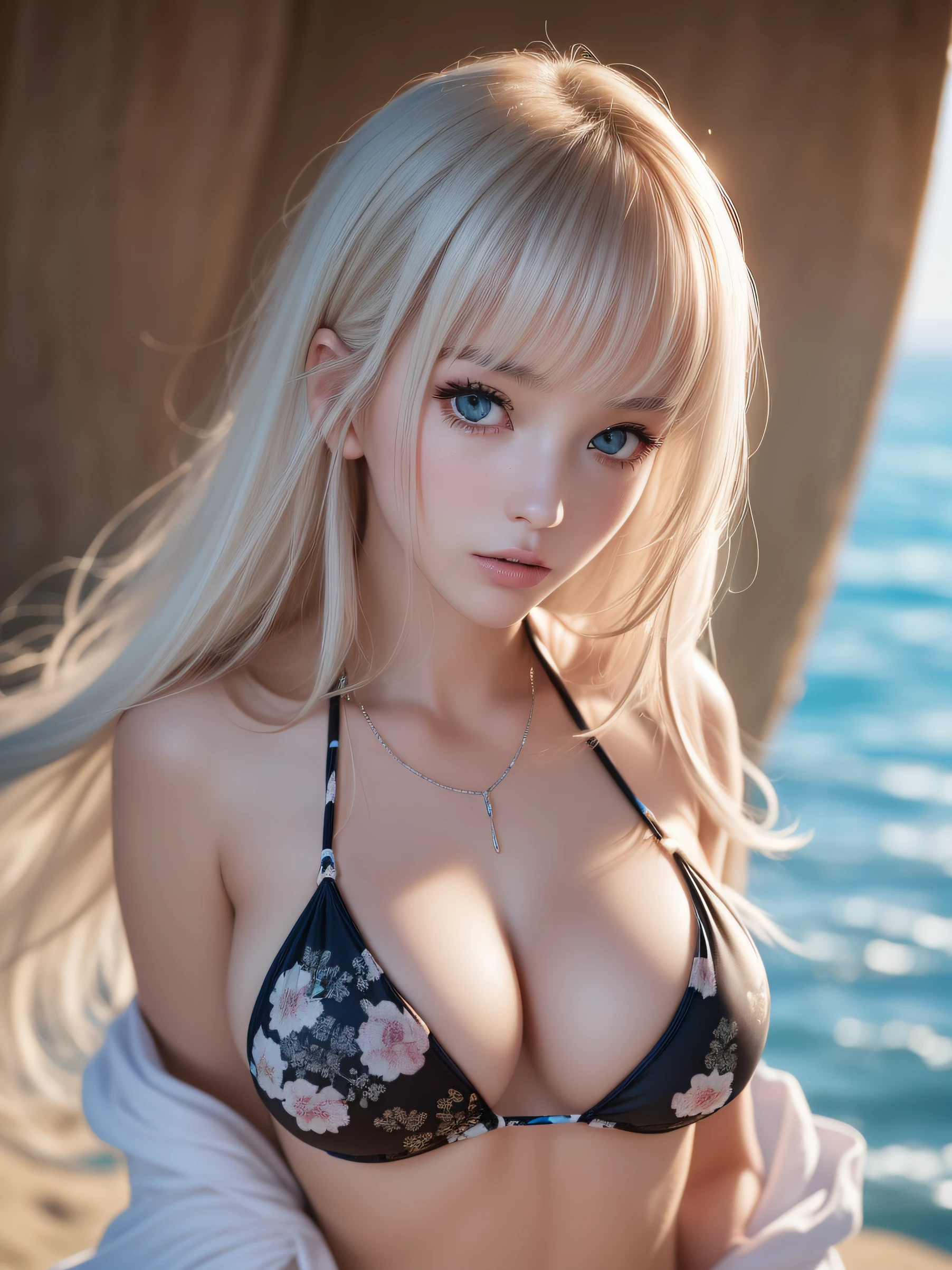 ((masuter piece:1.5)),((Finest quality)),(super precision),32k Anime,Highest level of resolution,natural soft light:1.5,Wind manipulation:1.4,((perfect anatomia:1.5)),(Perfect depiction, Unbroken body:1.5),sharpnes:1.3,Clair:1.1,Detailed down to the smallest detail,Phenomenal depiction,Top quality anime,((1 adult female),Colossal tits:1.9,cleavage of the breast:1.5,Slim and well-proportioned body,thin-waist,a navel,Clean face,pretty skin,Cool,cold stare,(Beautiful bikinis with detailed details:1.6),Beaches with detailed description:1.3wakame