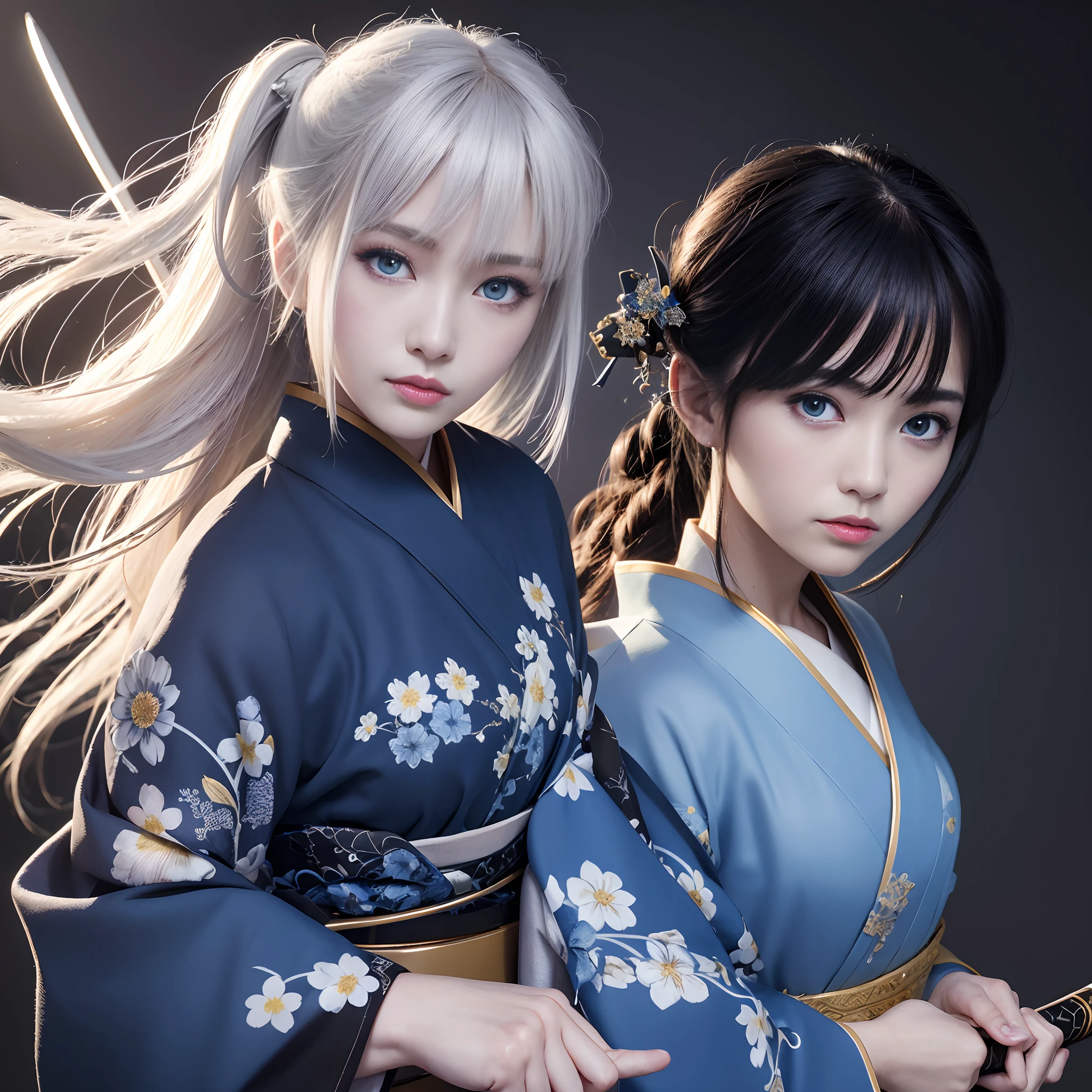 RAW Photography、8K、32k、top-quality、超A high resolution、beautiful faces detailed、Real human skin、Gentle expression、front-facing view、angle from bellow、length hair、realphoto、realisitic、A female swordswoman with two wields illuminated by the moonlight of the dark night、combat pose、Red eyes、Blue eyes、Kimono with white floral pattern、Black Hakama、Hakama with golden decoration。