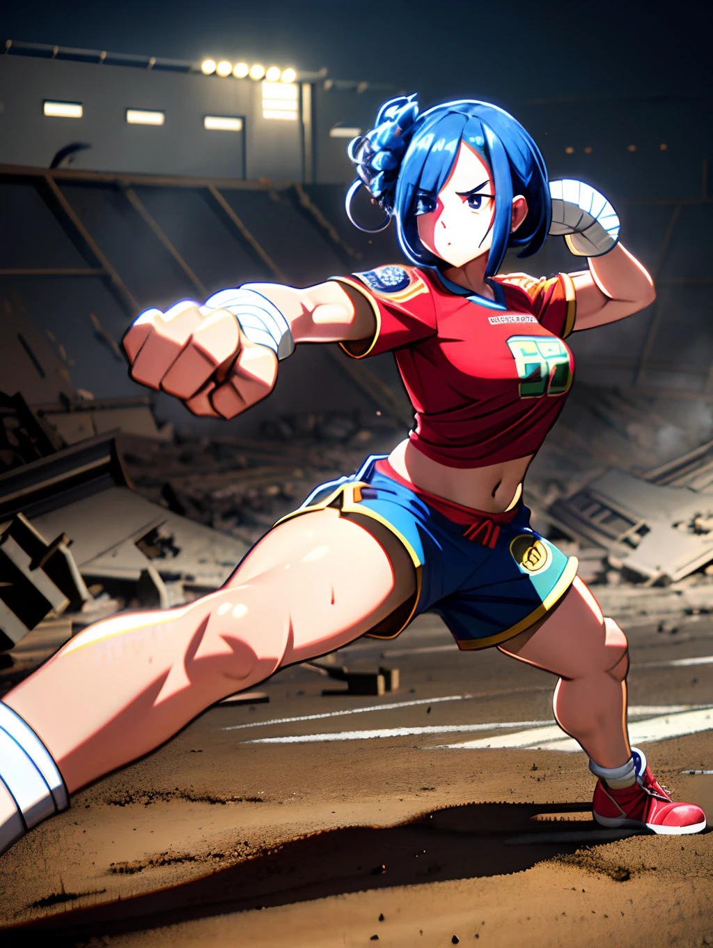 1 mulher, alto, forte, peito pequeno, cabelo cacheado,((Punch in the direction of the screen)), punho fechado, Bandaged hands, ((Large right hand close)), mao esquerda longe e pequena, Estilo anime, pose de luta, blusa transparente, faixas no peito, shorts de futebol, Background of the destroyed house, cracked ground,