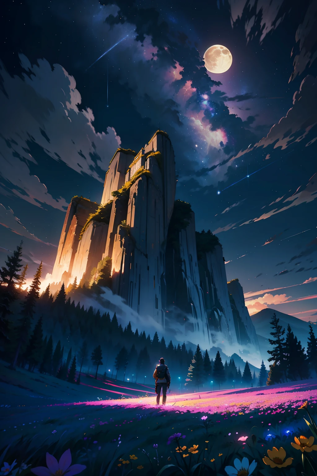 Expansive landscape photograph, (view from below with a view of the sky and the wilderness below), man standing in a flower field looking up, (full moon: 1.2), (shooting star: 0.9), (nebula: 1.3), distant mountain, tree break production art, (warm light source: 1.2), (firefly: 1.2), lamp, purple and orange, intricate detail, volume lighting BREAK (masterpiece: 1.2), (highest quality ), 4k, ultra-detailed, (dynamic configuration: 1.4), highly detailed and colorful details (iridescent: 1.2), (sparkling lighting, atmospheric lighting), dreamy, magical, (solo: 1.2)