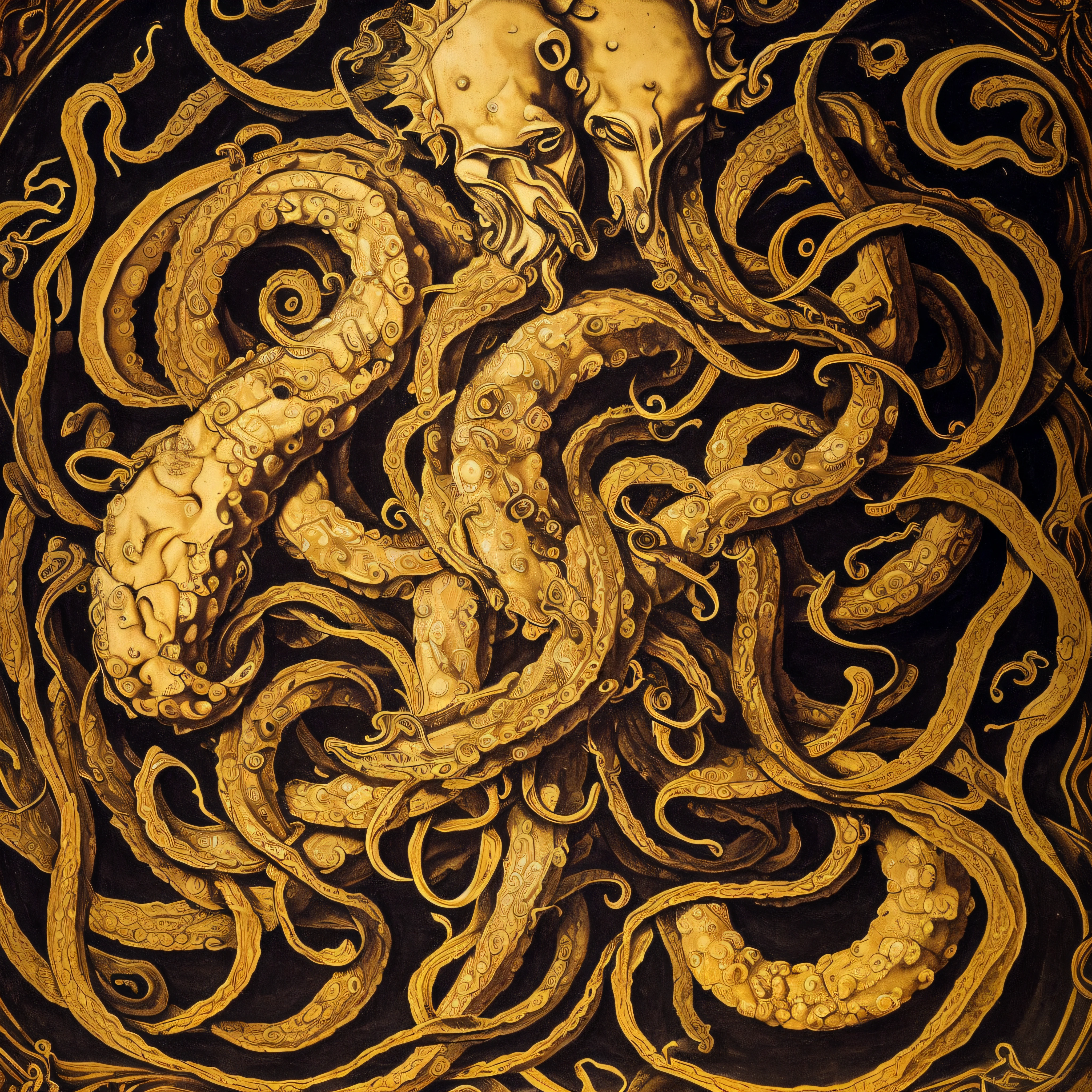 (extremadamente detallado, obra maestra, La mejor calidad), Estilo oscuro, intense illumination. templario. armadura medieval, rostro con arrugas, lengua larga, tentacle, deforme, imagen submarina, pico de pulpo amenazante. manchas de tinta. Rococo composition. Luz de caravaggio