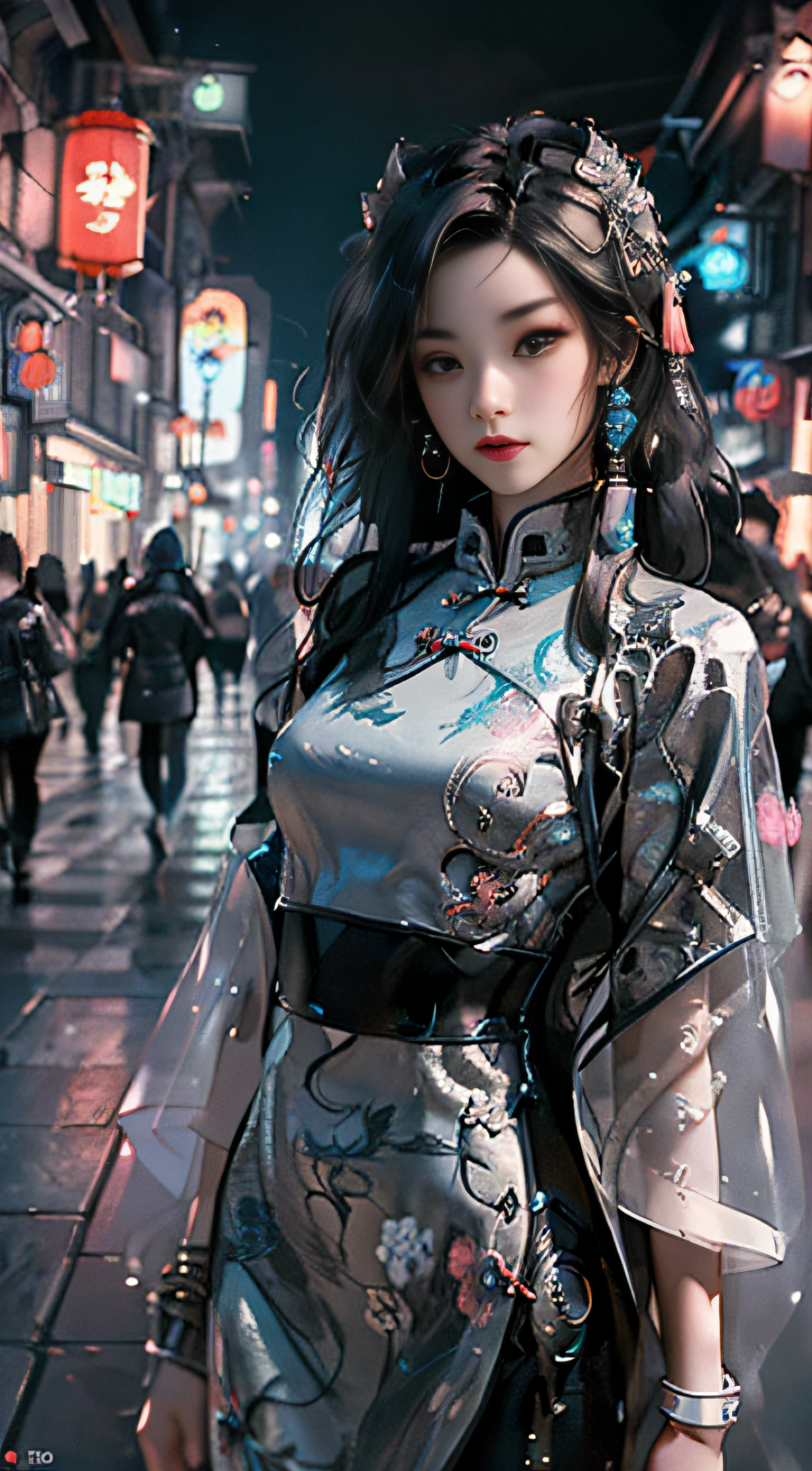 (Master Works :1.5), (Best picture quality :1.5), (Very Fine Detail, 8K, Wallpaper :1.3), Very Fine Detail, High contrast, Complex Detail, physics-based rendering, Best Composition, Whole body, Cyberpunk character Style, Dynamic Styling, 1 girl, Fine brown eyes, Eyeshadow, Makeup, long black hair, Detailed big eyes, looking at the audience, blush, full small lips, red lips, long hair :1.3, upper body, (standing), (Hair accessories :1.1), headwear, Chinese cheongsam, Cyberstyle Cheongsam, blue and pink cheongsam, (Cyberpunk Light :1.1), neon, all mechanical and futuristic elements, technology, the background is a traditional Chinese street, This street with no people, on the street with no people, paper lanterns, neon, Ultra high resolution, (Slim:1.2), dramatic lighting, vibrant detail, Deluxe Cyberpunk, Complex background, octane render, 8k, best quality, masterpieces, illustrations, extremely delicate and beautiful, Very detailed, CG, wallpaper, (realistic, realistic :1.37), Amazing, fine detail, masterpiece, best quality, official art, (Natta :1.5) cowboy shot