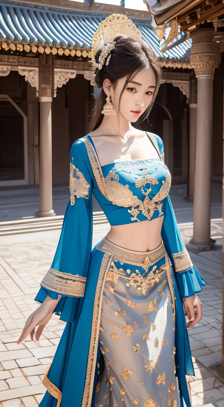 (8K, Best Quality, Masterpiece: 1, 2), (Realistic, Photo Realistic: 1, 37), Top Quality, Lots of Details, Antique Bandeau Dress, Literary, Beautiful, Elegant, Slender Eyebrows, Clear Eyes, Ruddy Lips, Soft Skin, Satin Long-sleeved Top, with Golden Edge, Antique Long-sleeved Dress, Fuqin Posture, Waiting Posture, Magnificent Palace, Azure Sky, Quiet Courtyard, Full Body Close-up