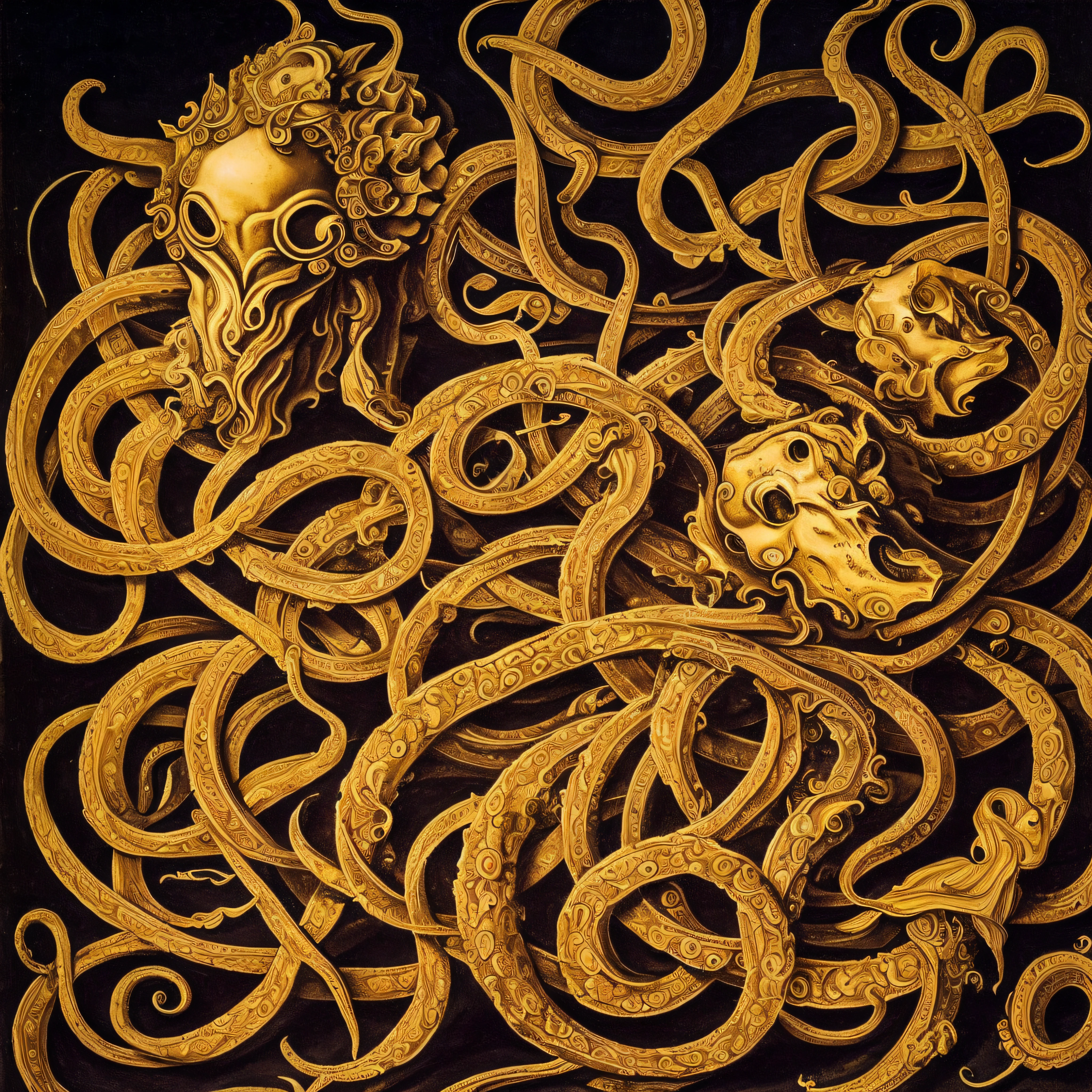 (extremadamente detallado, obra maestra, La mejor calidad), Estilo oscuro, intense illumination. templario. armadura medieval, rostro con arrugas, lengua larga, tentacle, deforme, imagen submarina, pico de pulpo amenazante. manchas de tinta. Rococo composition. Luz de caravaggio
