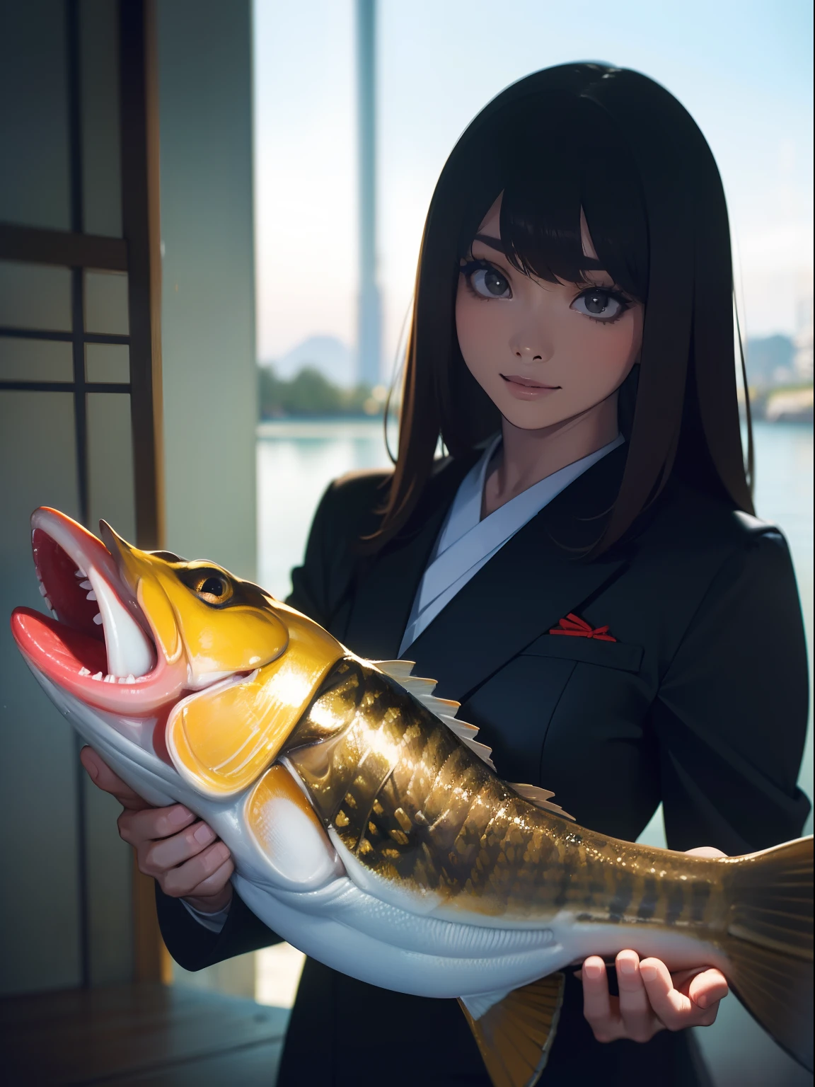 ((((Catch a big black bass by the highland lakeside)))),((Best Quality, masutepiece :1.3)),((( Large Mouth Bass))),hight resolution,ultra-detailliert,Official art,Beauty and aesthetics,​masterpiece,best qualtiy,ighly detailed,(1 Japanese woman),Black hair, long eyeslashes, Solid Circle Eyes, ssmile, drop shadow, Atmospheric perspective,Super Detail, ccurate, Best Quality, small brest,(Black jacket:1.1),top-quality, Hi-Res, absurderes:1.2, blurry backround, bokeh dof:1.2, a picture, (Raw photography:1.2), (Photorealsitic:1.4), (​masterpiece:1.3), (intricate detailes:1.2), Atmospheric perspective,Super Detail, ccurate, Best Quality,