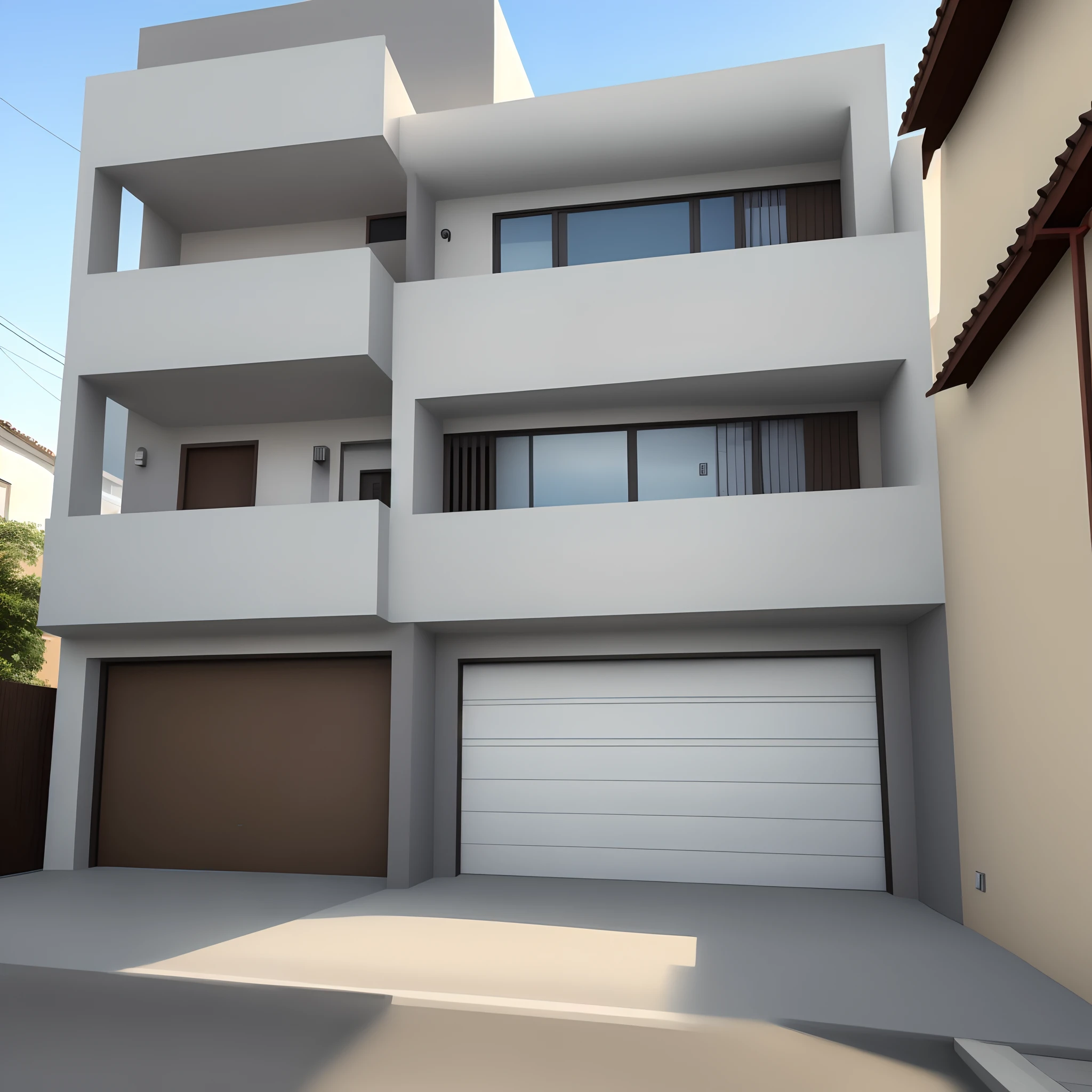 Casa branca moderna com 1 porta entre 2 janelas, grama na frente da casa sem muros e uma garagem ao lado