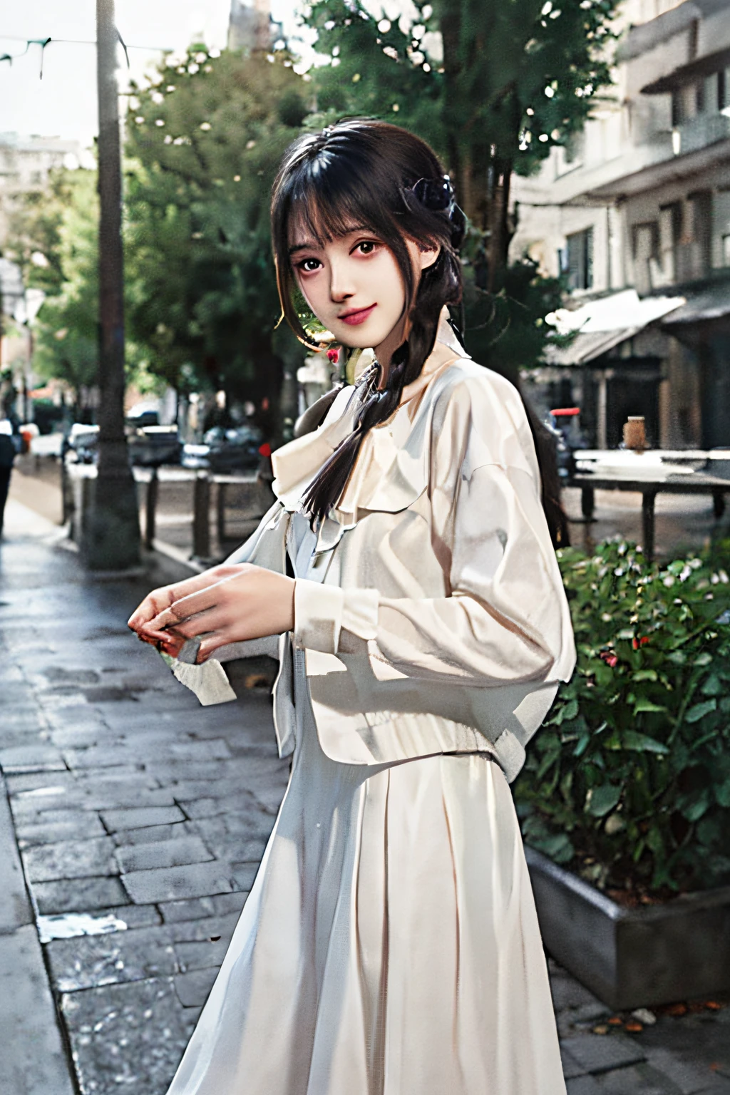 A woman who is，24 years of age，Review，a white long skirt，Republican era attire。On retro streets、the street lights、ssmile，naïve，Braided shoulder position，Republic of China retro style，