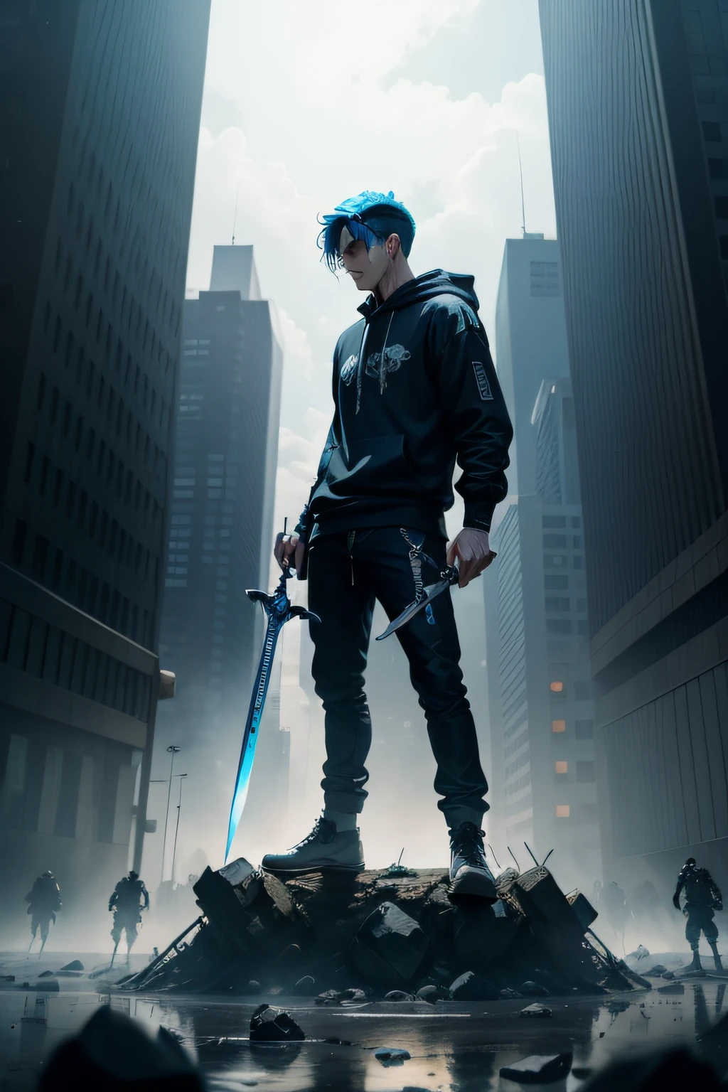 injured man blue hair standing on top of piles looking down at the horde of monster behind him wearing a black hoodie in modern pants in a flat battle field alone dual wielding a sword and a dagger