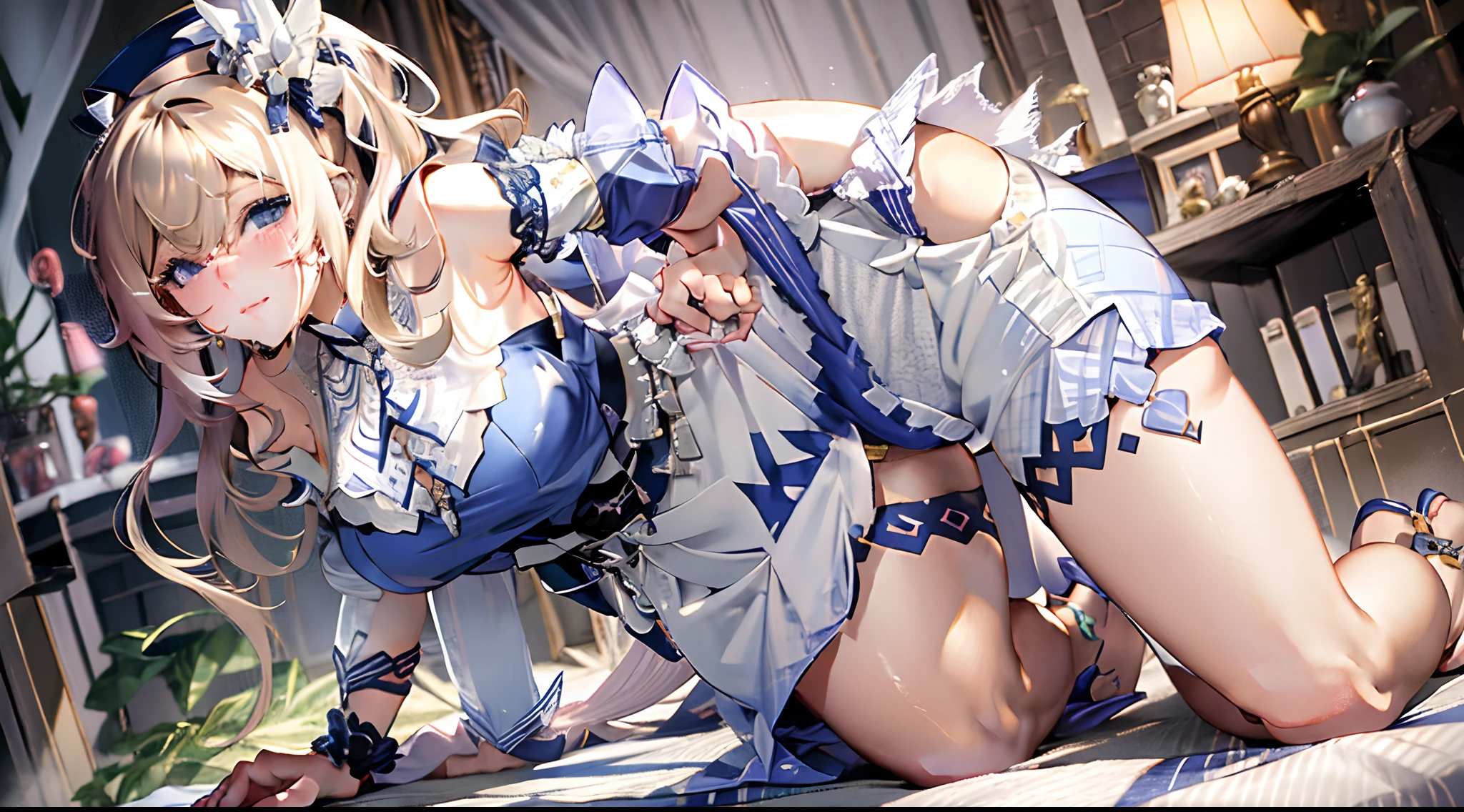 (Enrich the picture,Masterpiece level quality)Beautiful 8K CG artwork,Goddess-like posture,Kneeling exercise,Slim and soft,Translucent skin,White hair、The beauty of extra-long hair, Super Long Straight Hair,The skin is fair and juicy,Big breasts underwear uniform,Perspective Part 1.2x enhanced silhouette effect,Exquisite transparent blues pattern in pajamas,The details are intricate and exquisite,The background is slightly blurred,Charming and lustful leg seduction,Drool,Extra-large big breasts,Blush,Japan goddess,Perfect body slim curves,