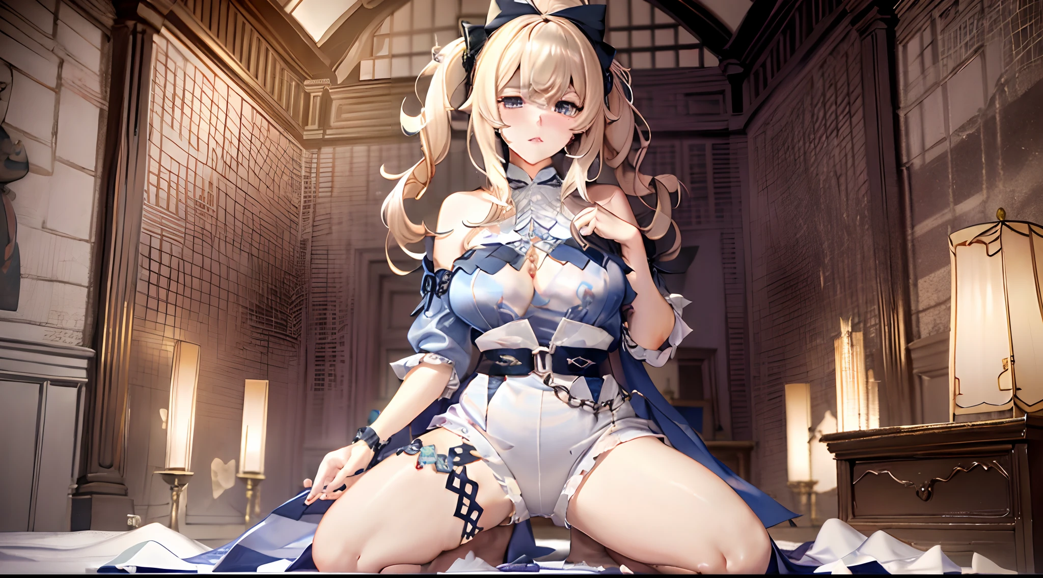 （Enrich the picture，Masterpiece level quality）Beautiful 8K CG artwork，Goddess-like posture，Kneeling exercise，Slim and soft，Translucent skin，White hair、The beauty of extra-long hair, Super Long Straight Hair，The skin is fair and juicy，Big breasts underwear uniform，Perspective Part 1.2x enhanced silhouette effect，Exquisite transparent blues pattern in pajamas，The details are intricate and exquisite，The background is slightly blurred，Charming and lustful leg seduction，Drool，Extra-large big breasts，Blush，Japan goddess，Perfect body slim curves，