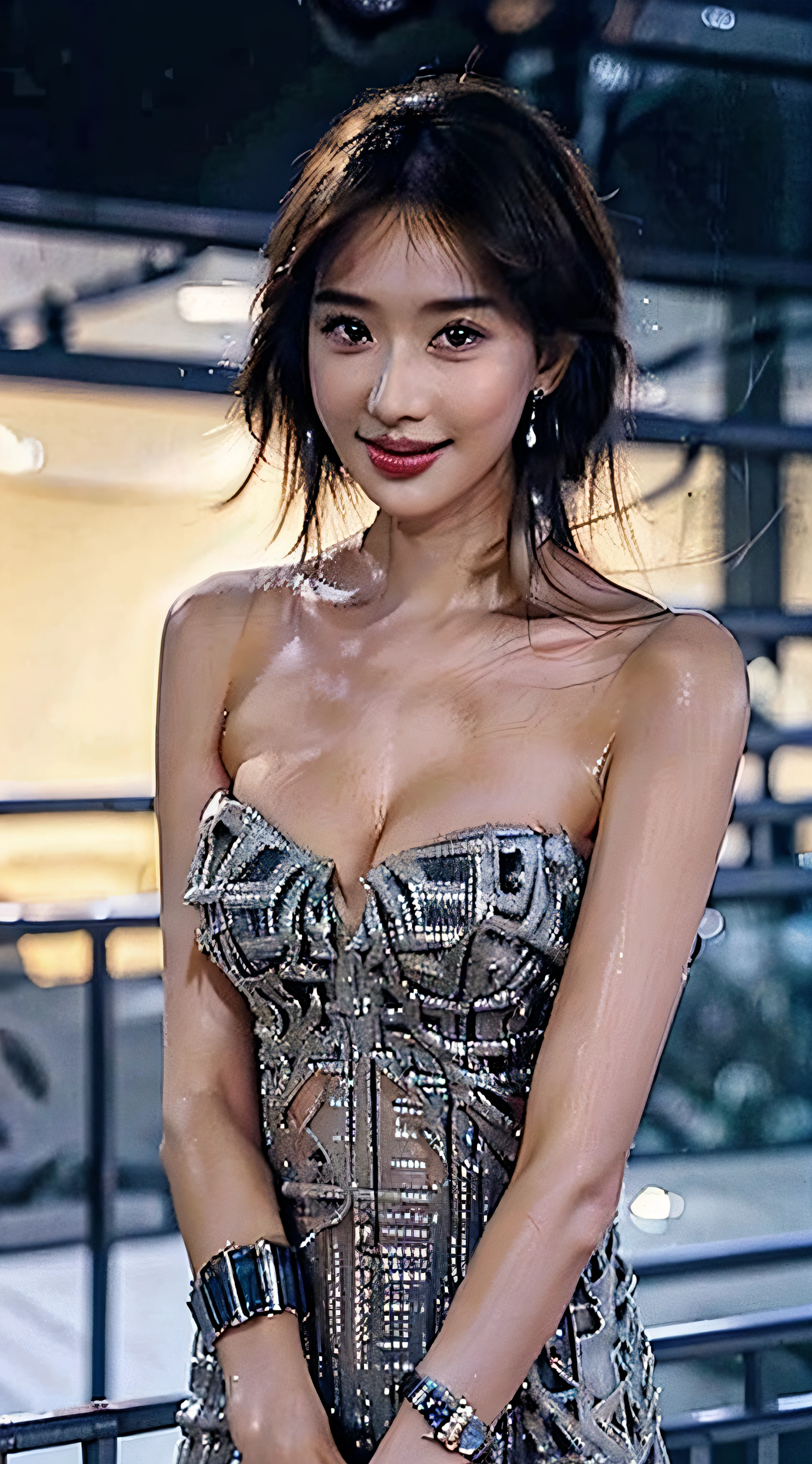 1girl,(wearing a glittery evening dress),(RAW photo, best quality), (realistic, photo-realistic:1.4), masterpiece, an extremely delicate and beautiful, extremely detailed, 2k wallpaper, Amazing, finely detail, extremely detailed CG unity 8k wallpaper, ultra-detailed, highres, soft light, beautiful detailed girl, extremely detailed eyes and face, beautiful detailed nose, beautiful detailed eyes,cinematic lighting,city lights at night,perfect anatomy,slender body.smiling,((breasts deep cleavage))