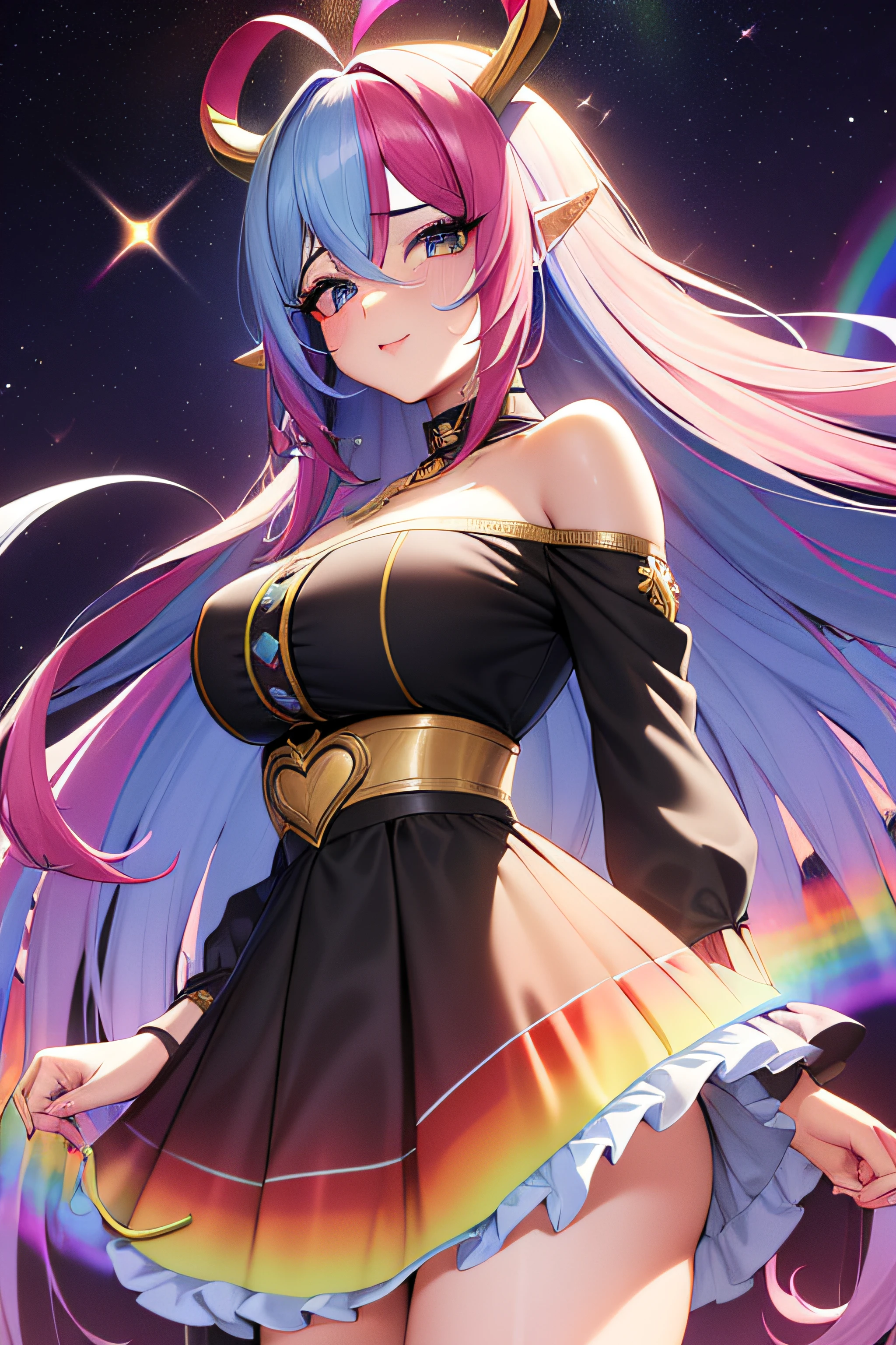 SFW Cosmic Version, ((delicate hand, ultra detalhada)), (dedos super detalhados), (obra-prima: 2.4, melhor qualidade: 3.2), long eyeslashes, ((rainbow hair)), (glitter no cabelo), (imagem real, detalhes intrincados), 1 mulher, sozinha, (MILF), (MILF), (MILF), (branca), (quadril largo), ass, corpon, (bunda extra grande), ((cor olhos: loiro, olhos amarelos, pupila loira, hearts in the pupils)), olhos afiados, Accessories: anel dourado, brincos de aro simples, concha coLar, ((cabelo: long rainbow hair)), (Hair: Rainbow hair horns), hair messy, chifres, ornamento de cabelo, ((jaqueta vermelha, saia beliscada)) ((maquiagem: sombra preta nos olhos)), pele brilhante, (Location: heaven), Nevoa, nebula, smoke billowing, raios, Tornados