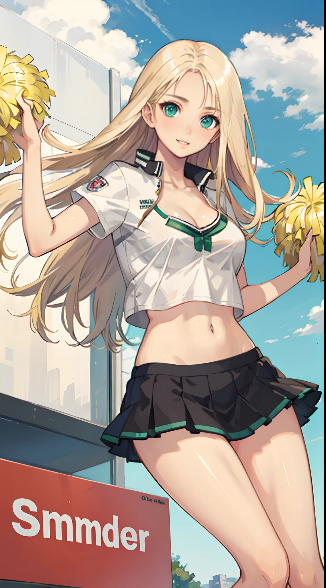 blonde hair, long hair, green eyes, happy, cheerleader uniform, short skirt, medium breast, cleavage, slim legs, navel, track
