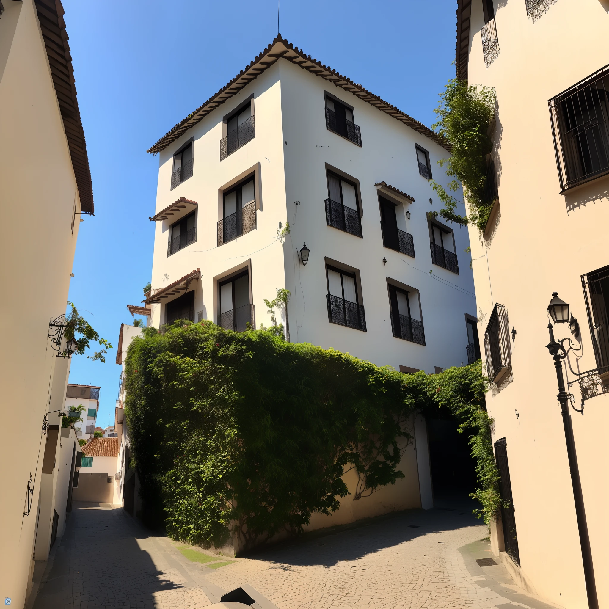 Casa branca, 1 porta ao meio, 2 janelas, grama na frente da casa sem muros