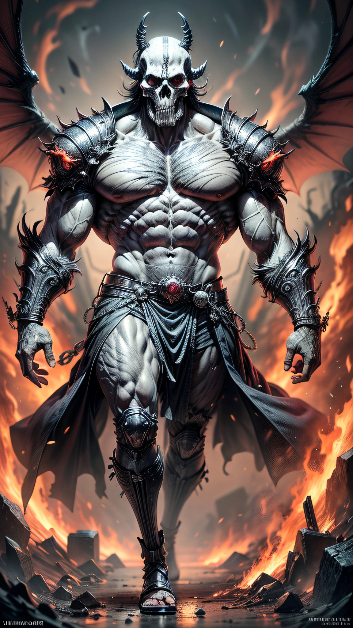 ((masterpiece)), ((best quality)), (ultra-detailed), ((extremely detailed)), 1man, shinigami known as god of death, large, strong, extremely robust, eyes red, eyes emitting glow intense, body emanating energy, body emanating steam, gigantic black wings on his back, extremely serious look, very detailed image, place full of lava, hot, apocalyptic, morbid, skulls heads to the ground in large numbers