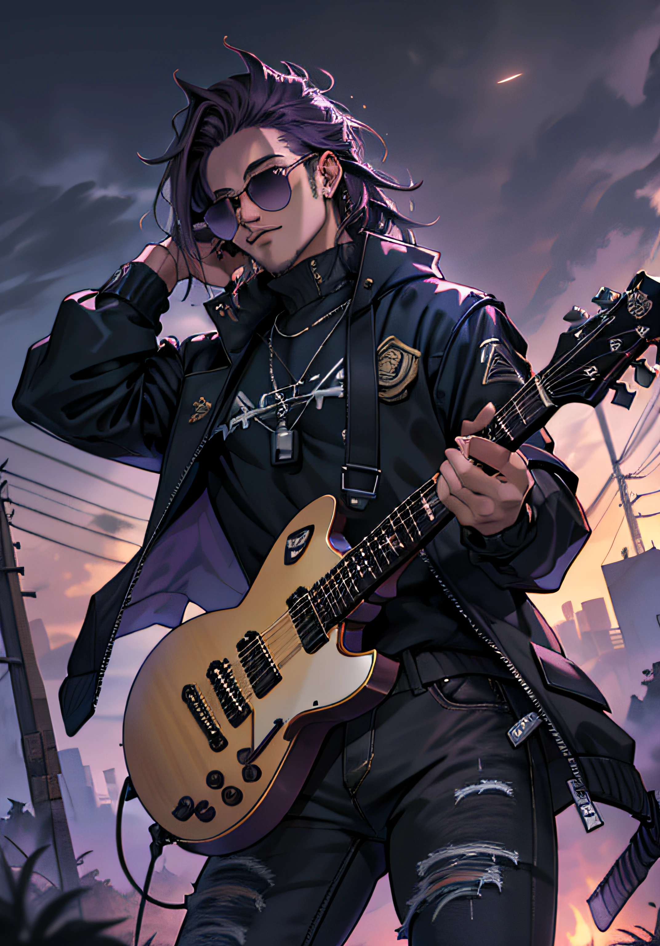 ((Melhore o rosto)), ((piece of master, obra prima, melhor qualidade)), ultra detalhado 8k, Absurdo, 1 Jonathan Davis masculino, Solo wearing a studded motorcycle jacket and black jeans, (Posar: Rockeiro), with sunglasses, raios ao redor de si, thunders, thunders , cabelo blond, cabelo longo, roupas pretas, vestes pretas, Nebula and smoke, Pano preto, tempo fechado, tempo nublado, Tempo escuro, Cidade, raios ao redor , com o planeta terra no fundo, ((With Electric Guitar Purple in your hands)), Braceletes pretos cravejados, (Sentado no telhado de casa)