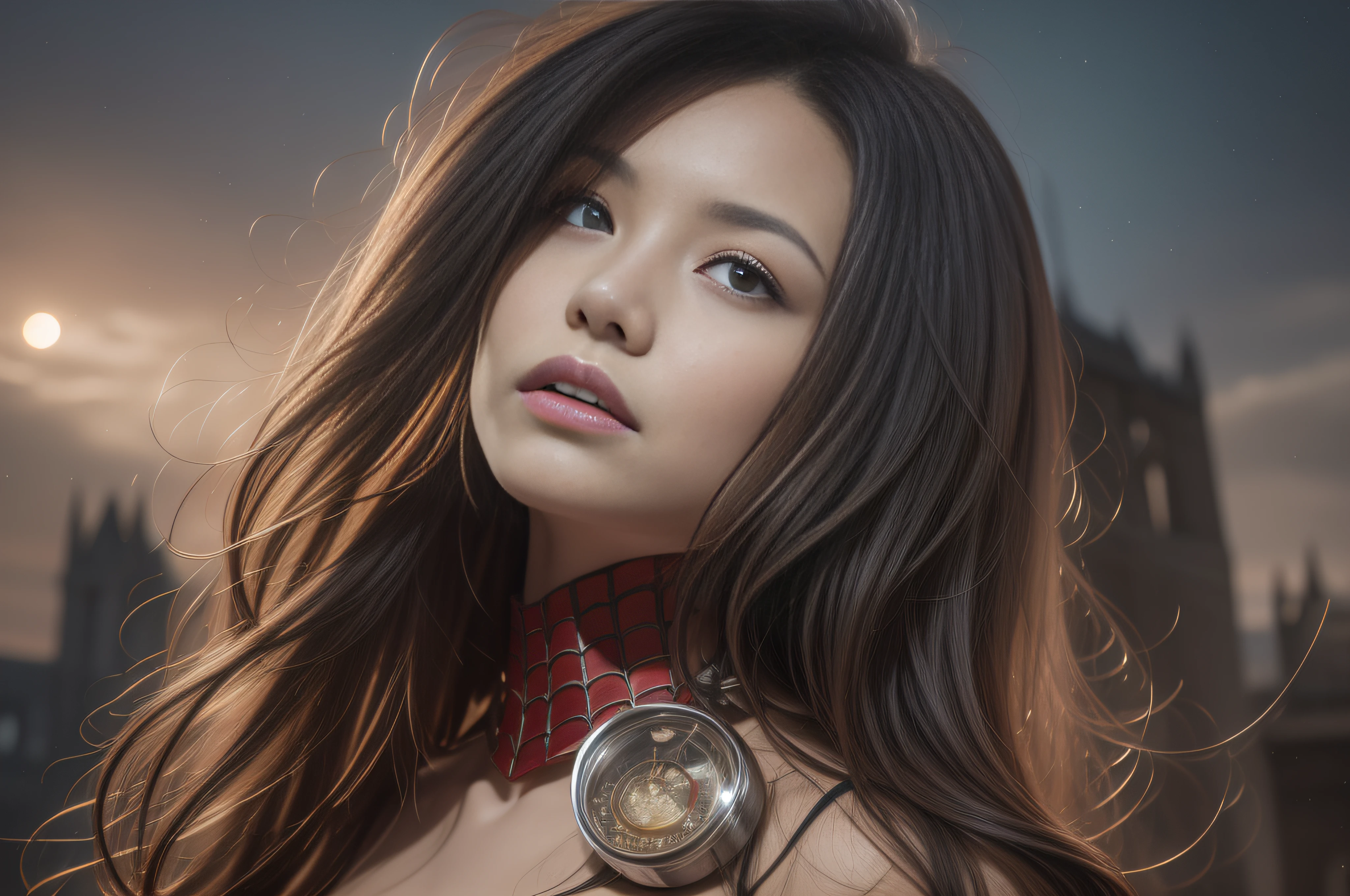 Fantasy steampunk style photos, 1 cute girl,26 year old, solo, No makeup，Clear pores，Extremely detailed eye clarity，Detailed skins，Realistic skin texture，Real skin texture，Highly Detailed Face and Skin Textur，C cup，broad shoulder，Small round buttocks，Small head, Slender calves, Slender thighs, Delicate fingers，extremely detailed hand，seductiveexpression, ，(Wear a Spider-Man suit/Spider symbol on chest/A mix of red and black), (Short black hair/Hippie fever), Expressive hair, Beautiful dark night starry, the huge moon, (belfry/Steam trains/Fantasy steampunk/Dynamic background)，Ultra photo realsisim，Photo realism，Real human photos，High-quality photos, Hyperrealistic, cinmatic lighting，wide screen format, Kodak Visual Color，High-quality photos, Colorful pictures，Dynamic shots:0.45, Ultra-wide angle, full body cute young lady, full-body view, Add noise:1.2, Doji diffraction, Action:0.7，