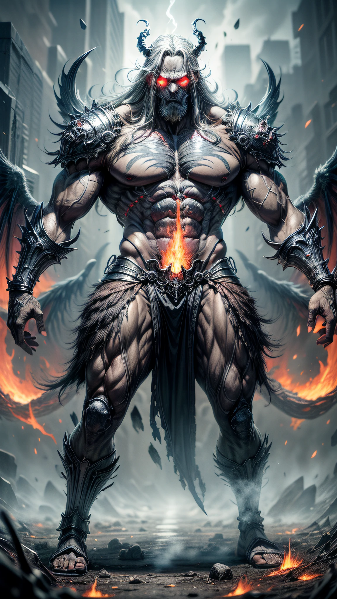 ((masterpiece)), ((best quality)), (ultra-detailed), ((extremely detailed)), 1man, shinigami known as god of death, large, strong, extremely robust, eyes red, eyes emitting glow intense, body emanating energy, body emanating steam, gigantic black wings on his back, extremely serious look, very detailed image, place full of lava, hot, apocalyptic, morbid. The ground covered with human bones in great numbers.