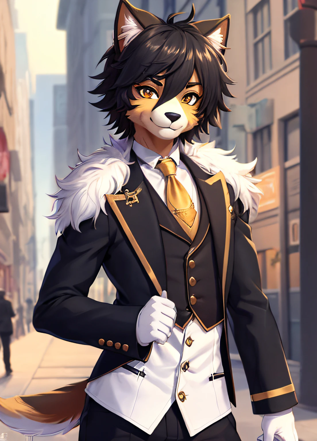 (furry art, uploaded on e621:1.4), 1boy, (solo_focus), (male) (furry:1.5) anthro, (upper body:1.3), on street, solo focus, detailed face, detailed eyes, detailed fluffy fur, fluffy tail, short hair, digitigrade, seductive pose, suit, fancy pants, digital painting, natural lighting, photorealistic (business suit:1.1), (smug face), smiling (cocky), steampunk