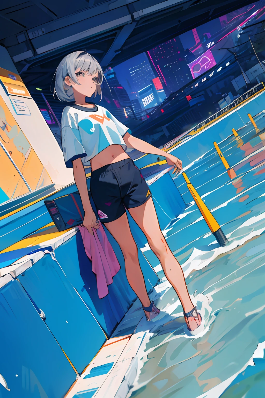 melhor qualidade, papel de parede 4K, obra-prima, extremamente detalhado CG unidade de papel de parede 8k, olhos extremamente detalhados, ultra-detalhado, detalhes intrincados, 1girl, estilo de arte retro, estilo de arte neon_pop, Public, ao ar livre, sinal de estrada, cidade,silver hair,olhos azul,short esportivo, pernas nuas,top esportivo,barriga nua,malhada,suada,olhando para o telespectador, Bottom view,