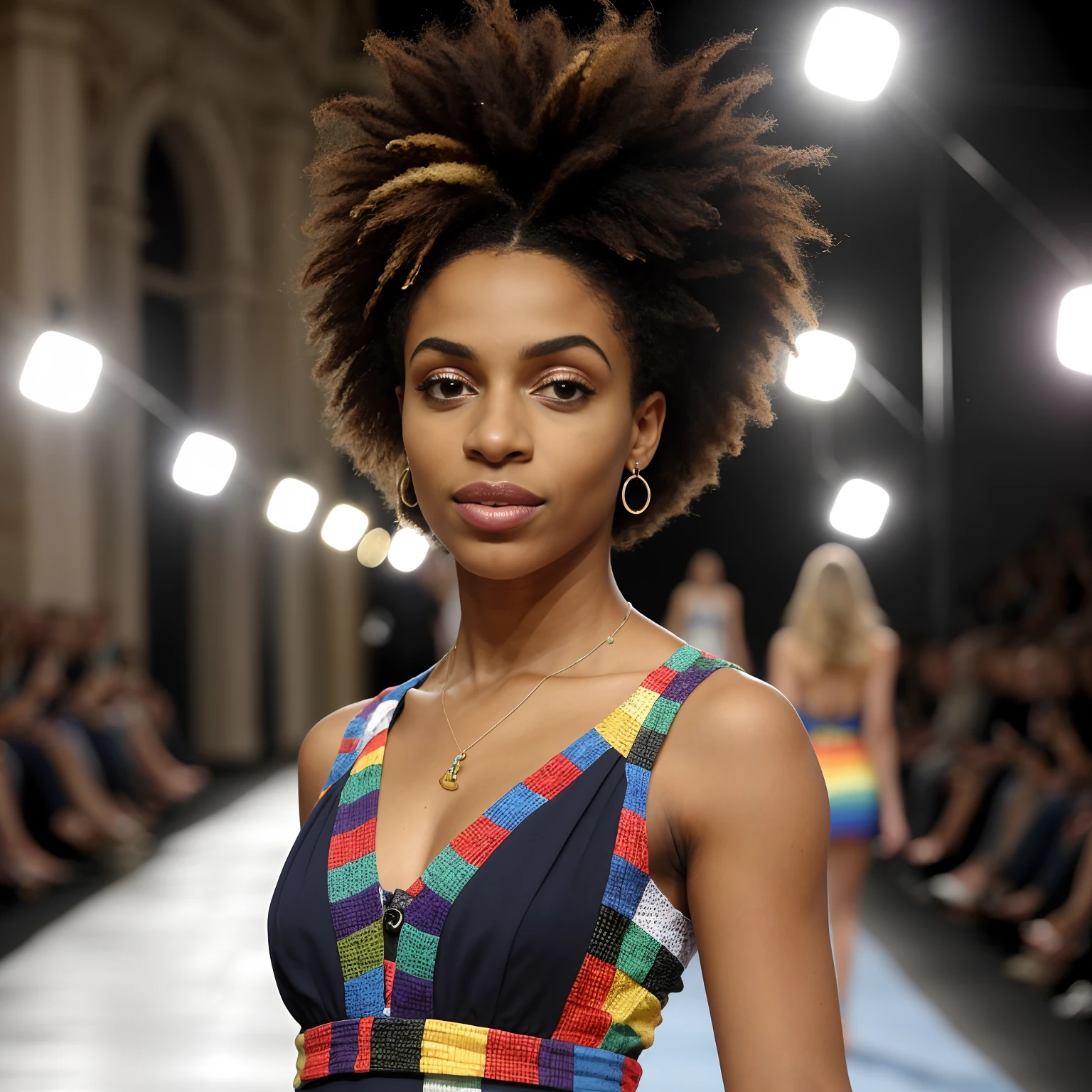 ((melhor qualidade)), ((obra-prima)), ((Ultra realista)), (Semana de moda de Roma, Desfile de modas), tiro de corpo inteiro, Masterpiece on the rise at the art station of a sexy 20-year-old Afro influencer at a nightly fashion show, State-of-the-art clothing, estilo surrealismo, multicolorfull, cabelo liso e molhado, cinematic movie still, rosto detalhado marcante, sorrindo, olhando para a camera, ((Shape back:1.2)), olhos detalhados, vestindo looks VOGUE AFRICA, bunda perfeita, fundo detalhado, tempo noturno, detalhes intrincados, rua chuvosa em uma cidade sombria lotada, Semana de Moda de Budapeste, edgelighting, (chovendo), profissional, cinematic moody lighting, obra-prima, realista, rugosidade, rugosidade, Ultra realista, obra-prima, realista, rugosidade, Ultra realista, fotografado em uma Canon EOS R5, mola a 50mm, cores silenciadas, F/2.8, HDR, 8K分辨率, Altas, alto detalhe, foco nítido, liso, rugosidade, vida real, renderizado, fotografia, 8k UHD