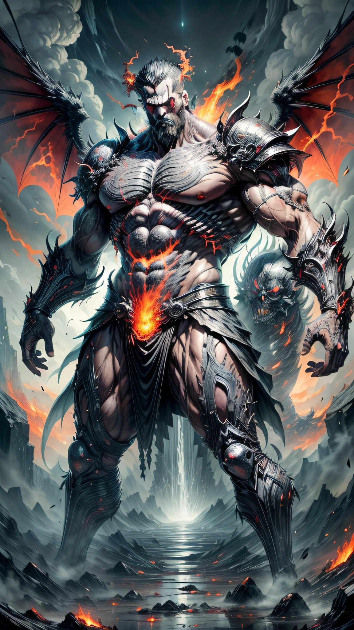 ((masterpiece)), ((best quality)), (ultra-detailed), ((extremely detailed)), 1man, shinigami known as god of death, large, strong, extremely robust, eyes red, eyes emitting glow intense, body emanating energy, body emanating steam, gigantic black wings on his back, extremely serious look, very detailed image, place full of lava, hot, apocalyptic, morbid. The ground covered with human bones in great numbers.