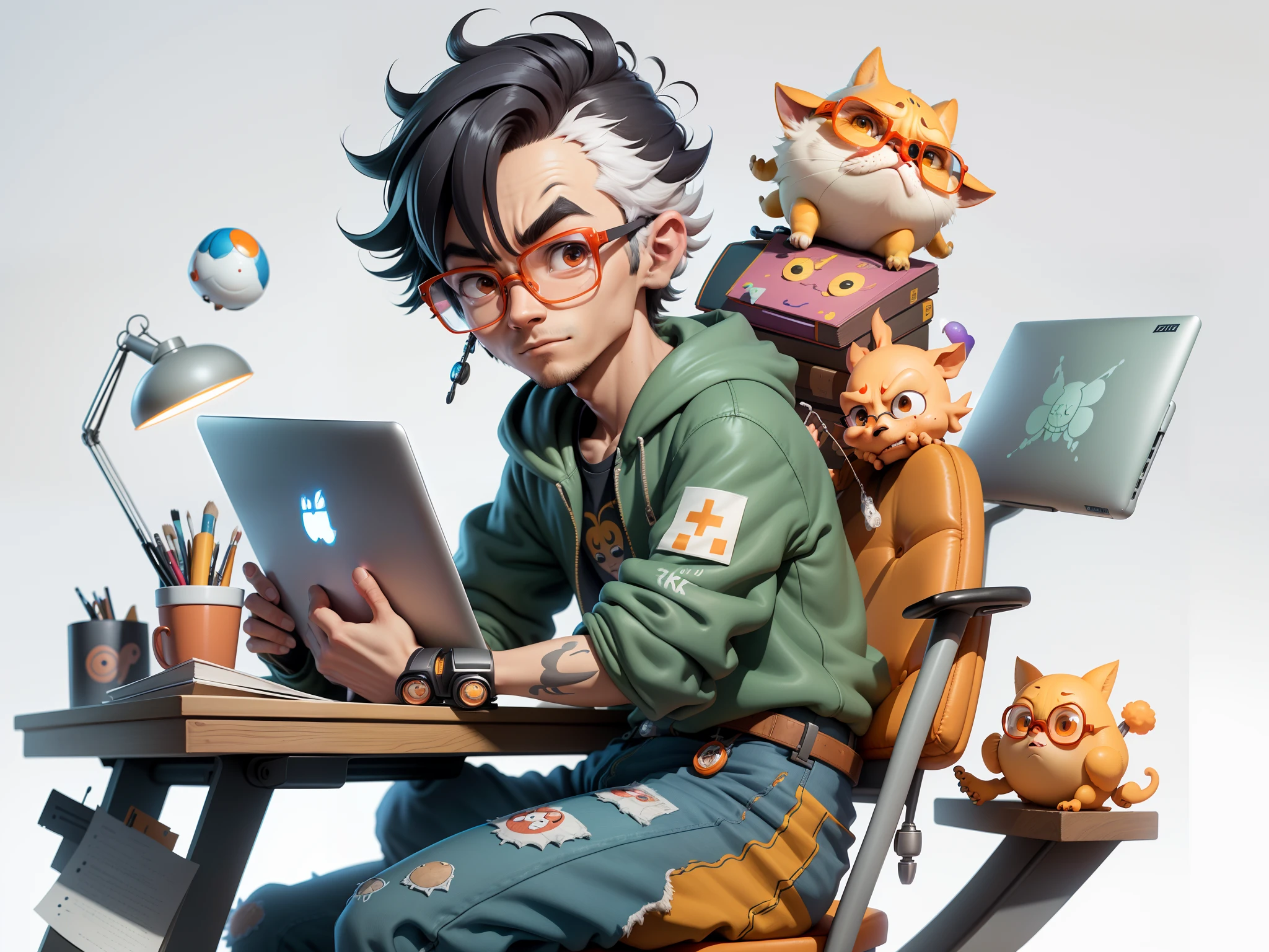 A young man with glasses sits at his desk，holding laptop，digitial painting，3D character design by Mark Clairen and Pixar and Hayao Miyazaki and Akira Toriyama，4K HD illustration，Very detailed facial features and cartoon-style visuals。