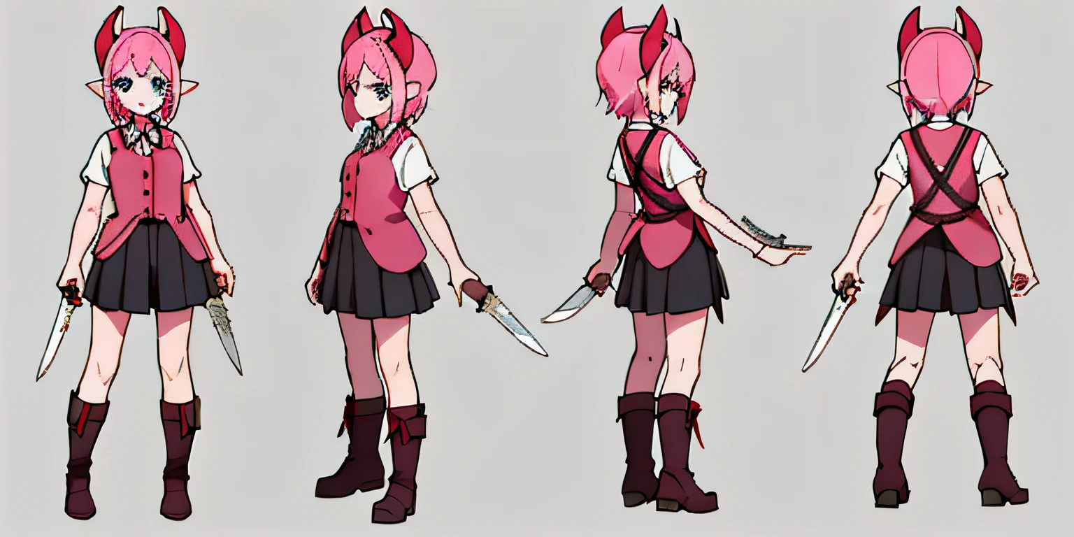 ****ung girl, character sheet, concept art, full body, (masterpiece:1.2), (best quality:1.3), 1girl, standing, (one girl with a knife), pink hair,short hair, (light blue eyes), devil horns, short sleeved red shirt with buttons, elf ears, black skirt, boots,