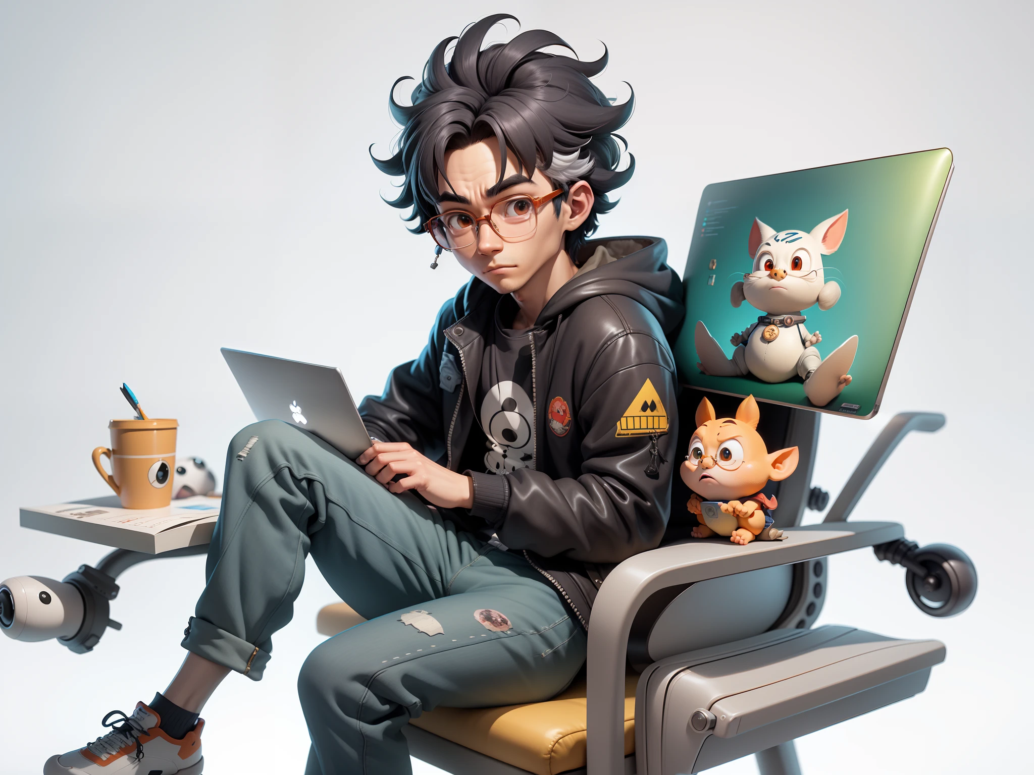 A young man with glasses sits at his desk，holding laptop，digitial painting，3D character design by Mark Clairen and Pixar and Hayao Miyazaki and Akira Toriyama，4K HD illustration，Very detailed facial features and cartoon-style visuals。
