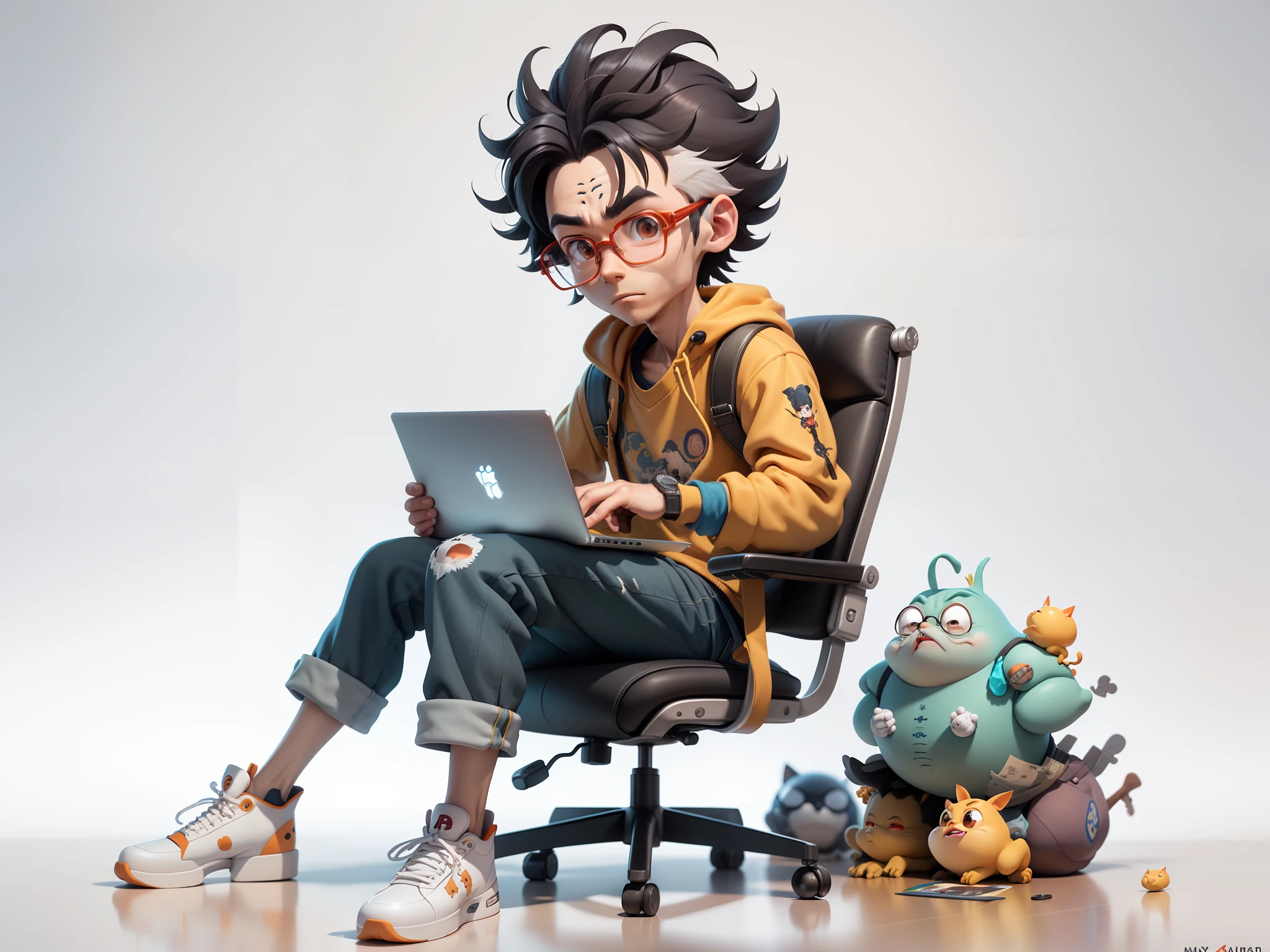 A young man with glasses sits at his desk,holding laptop,digitial painting,3D character design by Mark Clairen and Pixar and Hayao Miyazaki and Akira Toriyama,4K HD illustration,Very detailed facial features and cartoon-style visuals。