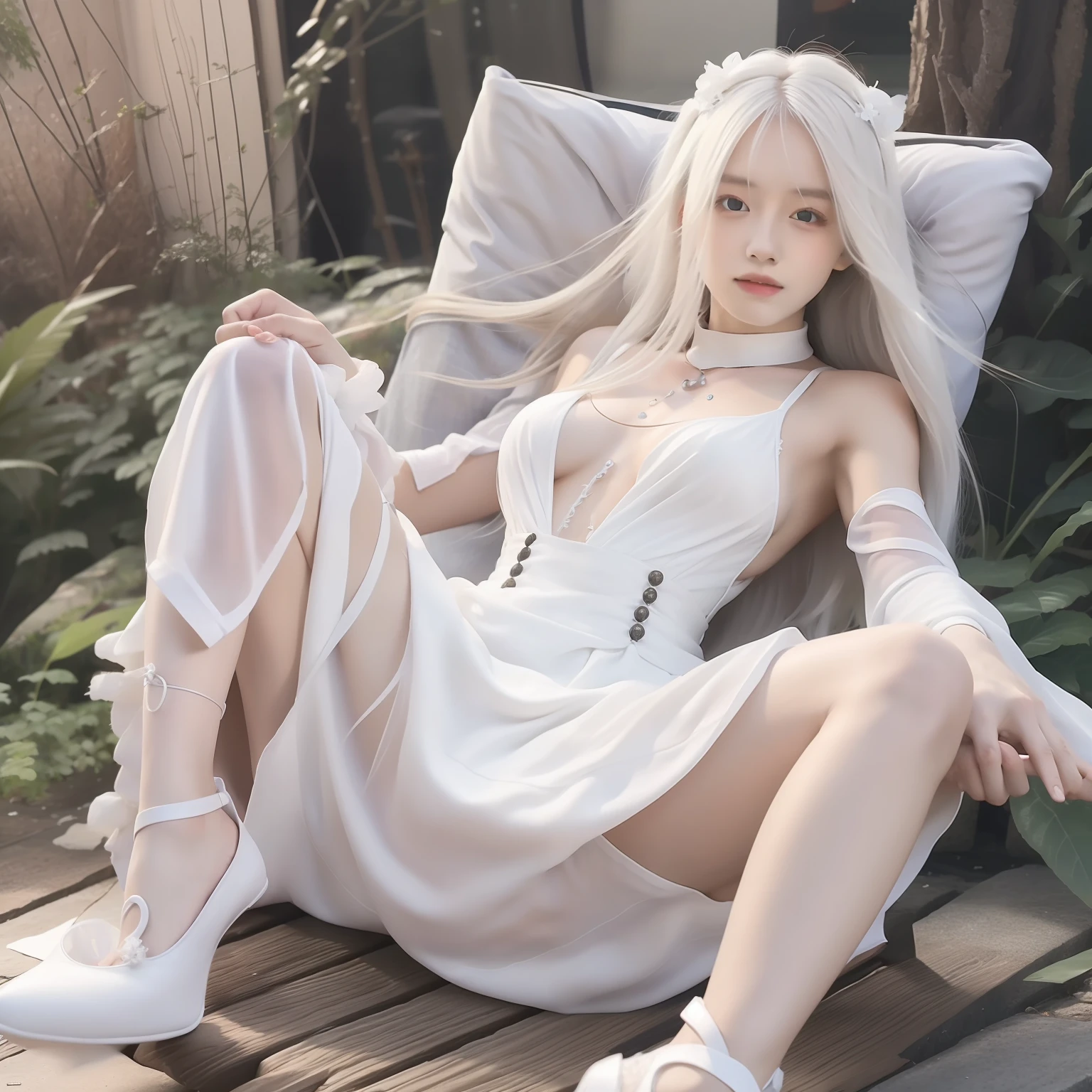 1girls,white dress,long hair,white hair, realistic,ultra detail,70mm lens