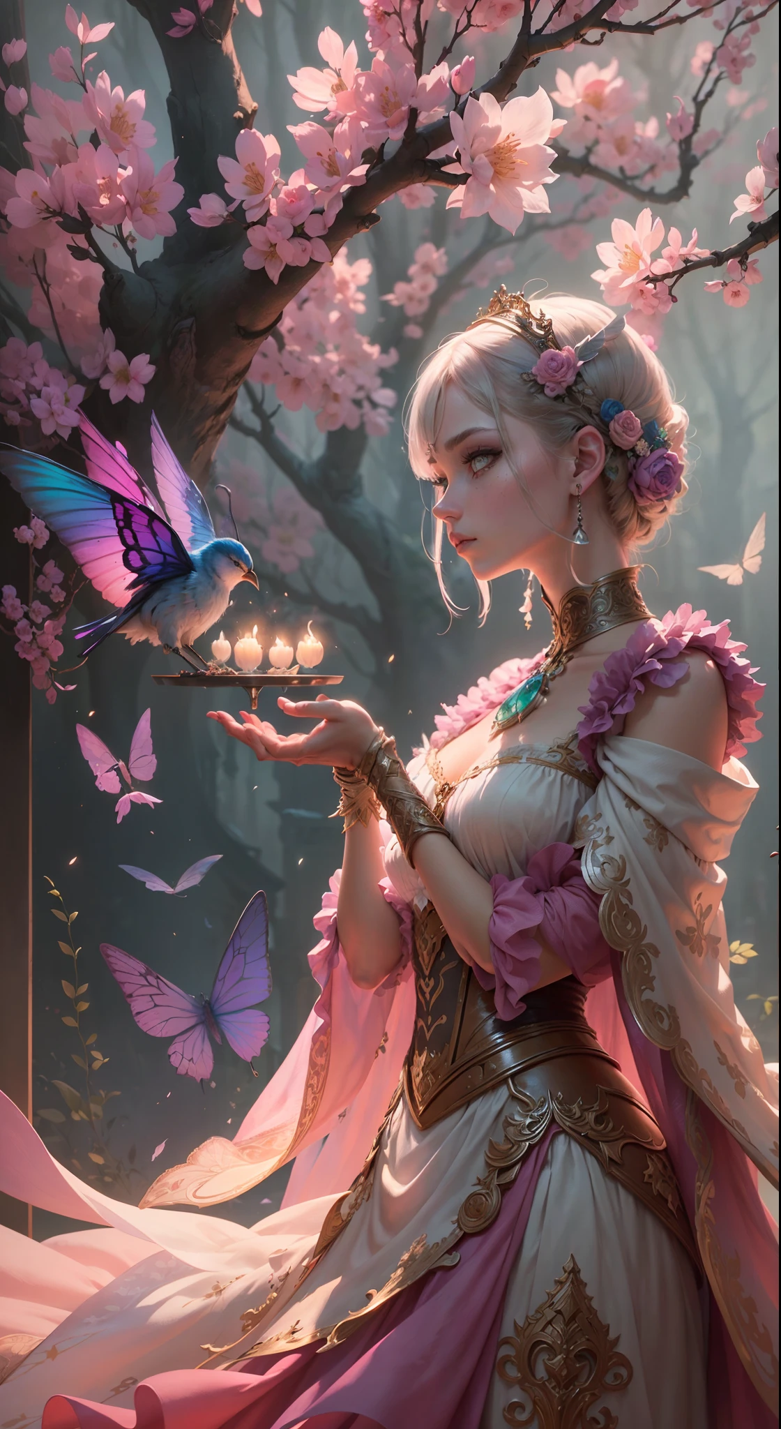 (((masterpiece))), (((best quality))), ((ultra-detailed)),(highly detailed CG illustration), ((an extremely delicate and beautiful)),cinematic light, Create a stunning fantasy artwork that mimics the style of currently trending masters of the genre. The art piece should contain elements of both mythic fantasy and fairytale fantasy with colorful accents. ((Utilize various shades of pink and watercolor pastels as the main color scheme.)) The character in the artwork is a delicate but strong petite figure with an aura of mystery and magic. Pay close attention to ((((intricate facial features, such as mesmerizing eyes with vibrant colors and bold shading)))). The character's clothing should be designed with mer feathers, silk, stunning embroidery, and subtle iridescent details. Incorporate dreamy colors, dynamic lighting, and detailed background elements to create a sense of awe and immersion. Include colorful flying magical birds and jewel-toned buttees radiating a magical aura. Consider the latest trends in fantasy art, such as incorporating unique lighting effects, exploring dynamic and compelling composition techniques, and experimenting with unique color palettes. Take inspiration from the top artists on ArtStation and Midjourney. Camera: Choose an angle that highlights the character's beauty and enhances the magical majesty of the artwork. Lighting: Utilize atmospheric lighting techniques to create depth and mood. Resolution: Aim for a high-resolution artwork to showcase intricate details and clarity. Art Inspirations: Seek inspiration from the trending artists on ArtStation, exploring different styles, genres, and themes.